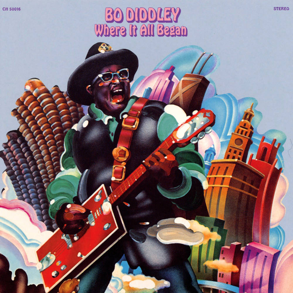 Bo Diddley, red electric guitar, stylized cityscape, SD Desktop Wallpaper