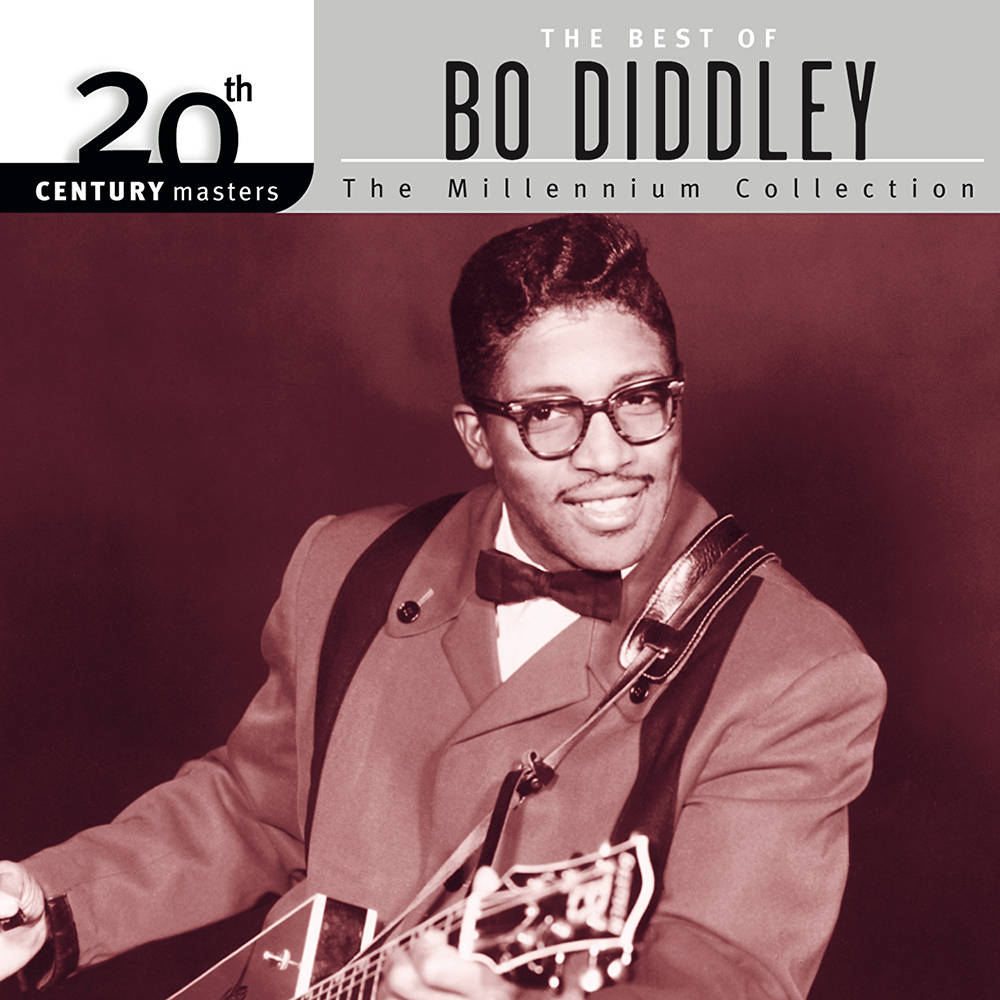 Bo Diddley, signature guitar, sepia-toned portrait, SD Desktop Wallpaper