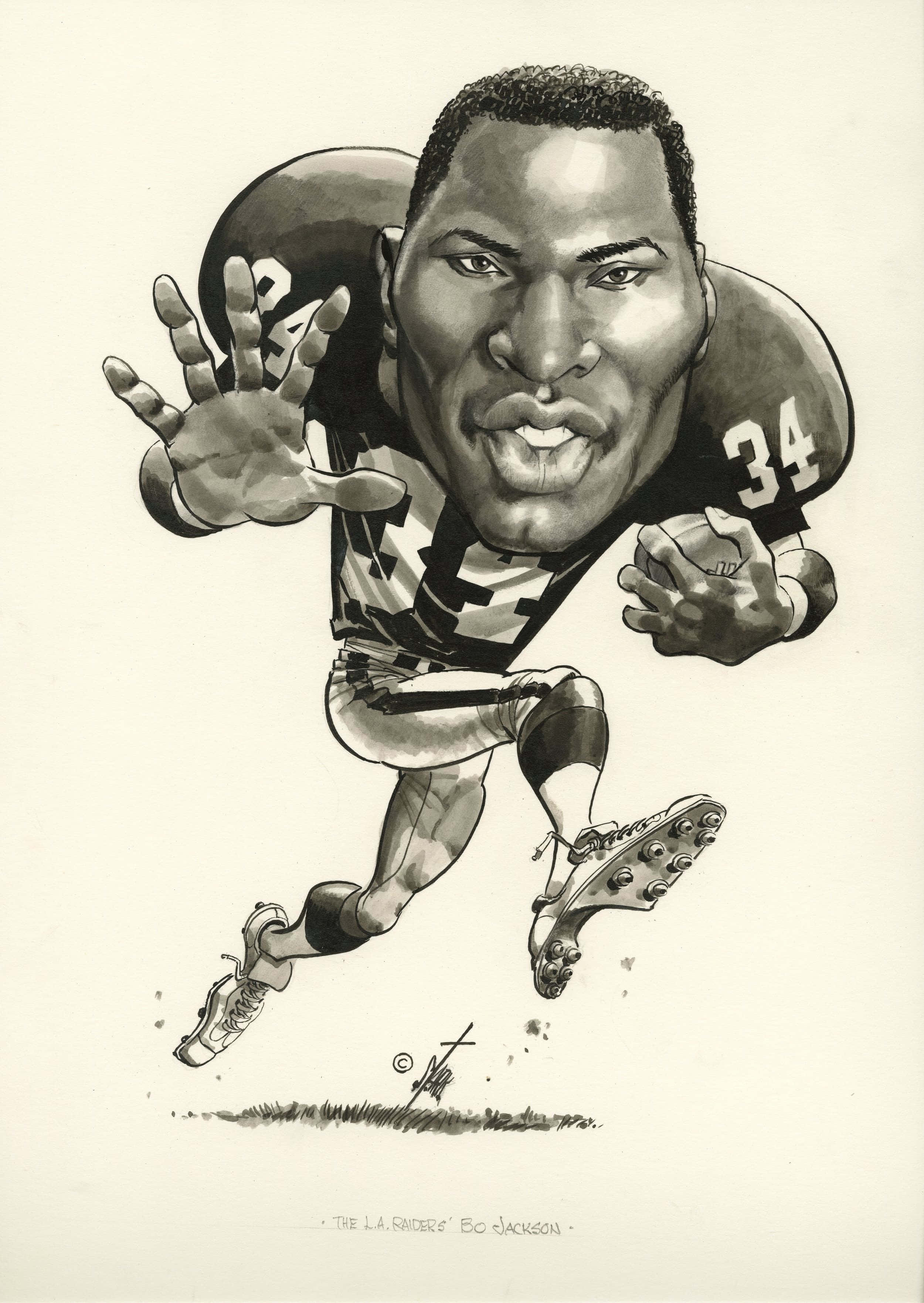 Bo Jackson, number 34 jersey, black and white caricature, 2K Phone Wallpaper