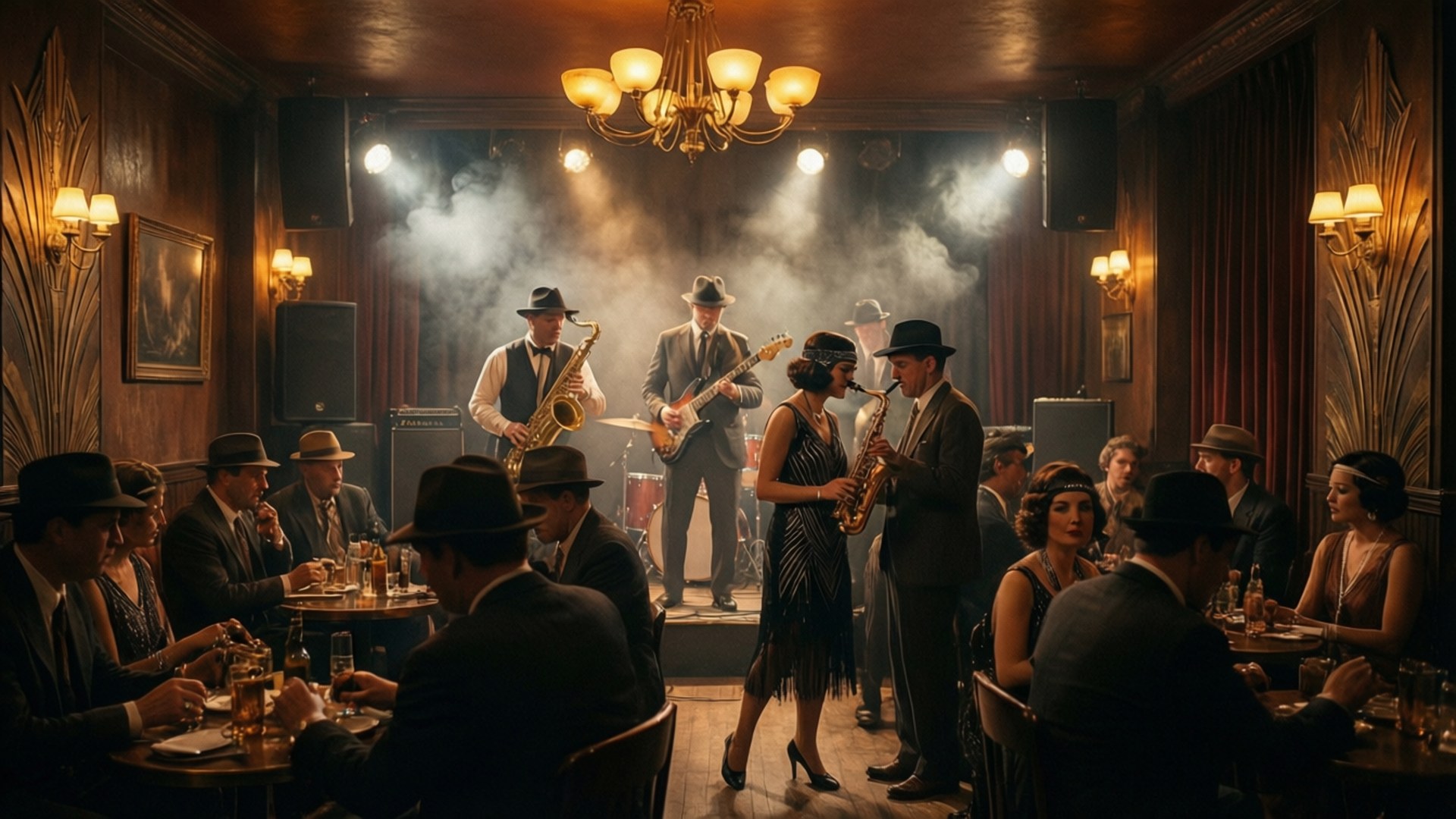 1920s, jazz band, smoky stage, Full HD Desktop Wallpaper