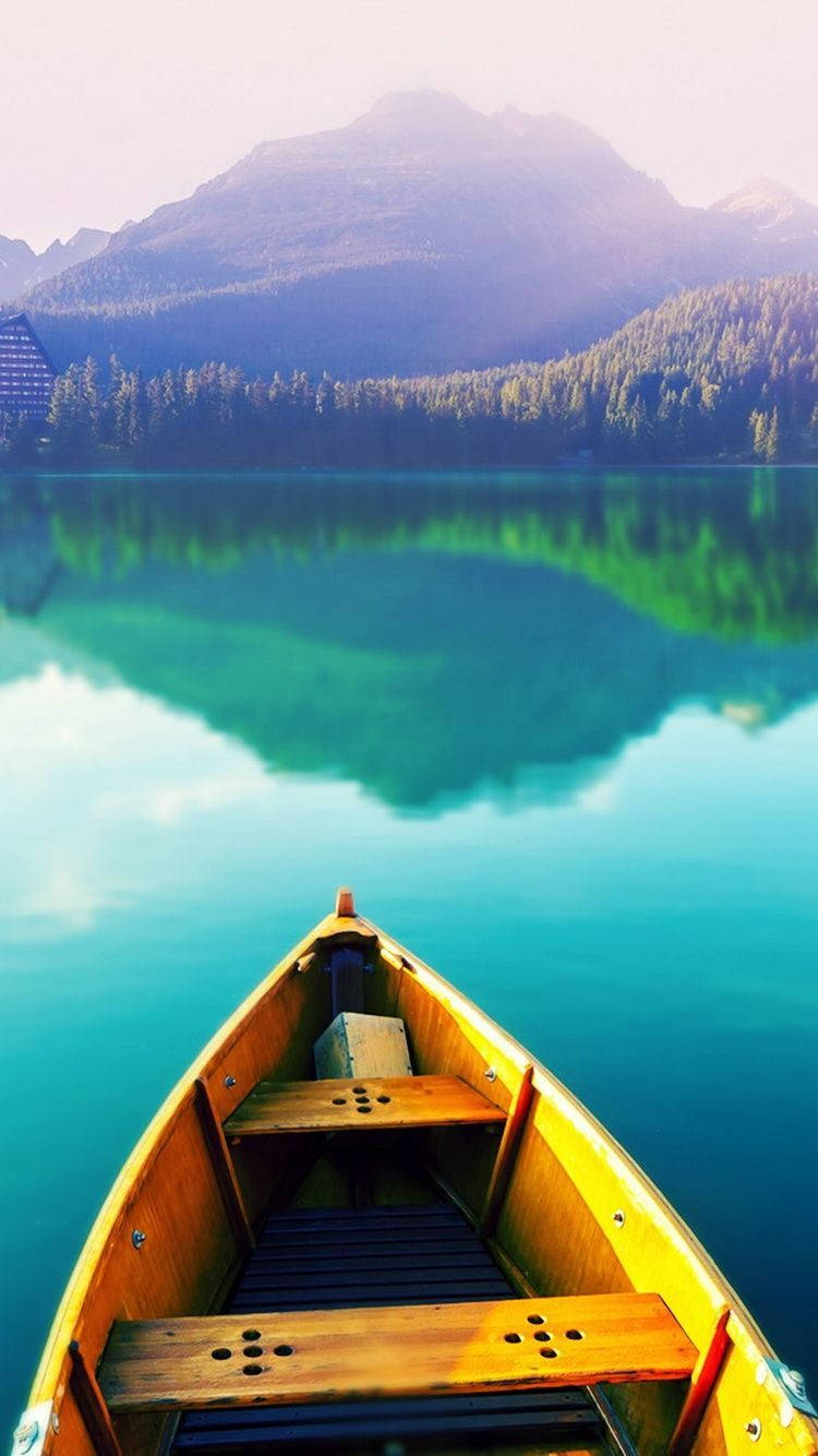 wooden canoe, crystal clear turquoise lake, towering forested mountains, HD Phone Wallpaper