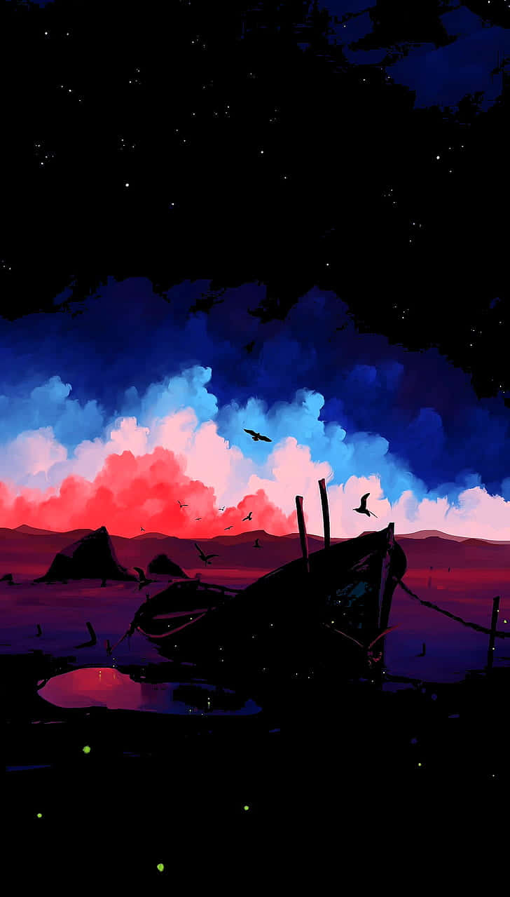 Boat, twilight sky, fiery red clouds, SD Phone Wallpaper