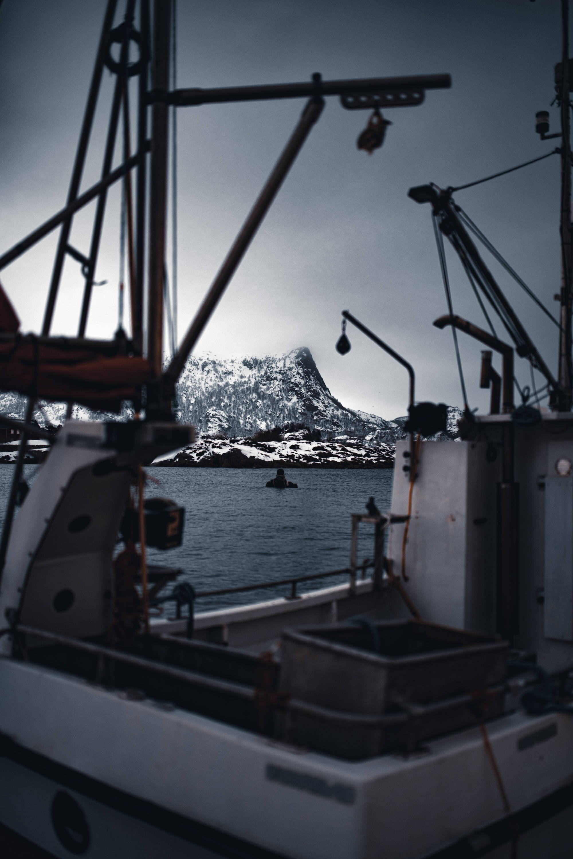 fishing boat, rigging, snowcapped mountain, 2K Phone Wallpaper