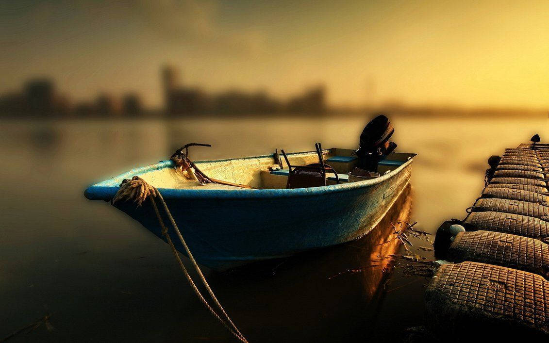 moored motor boat, wooden dock, golden sunset, SD Desktop Wallpaper
