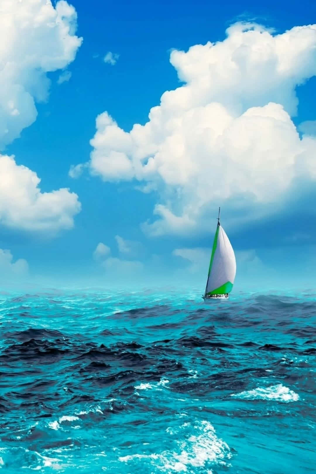sailboat, white and green sails, vibrant turquoise ocean, HD Phone Wallpaper