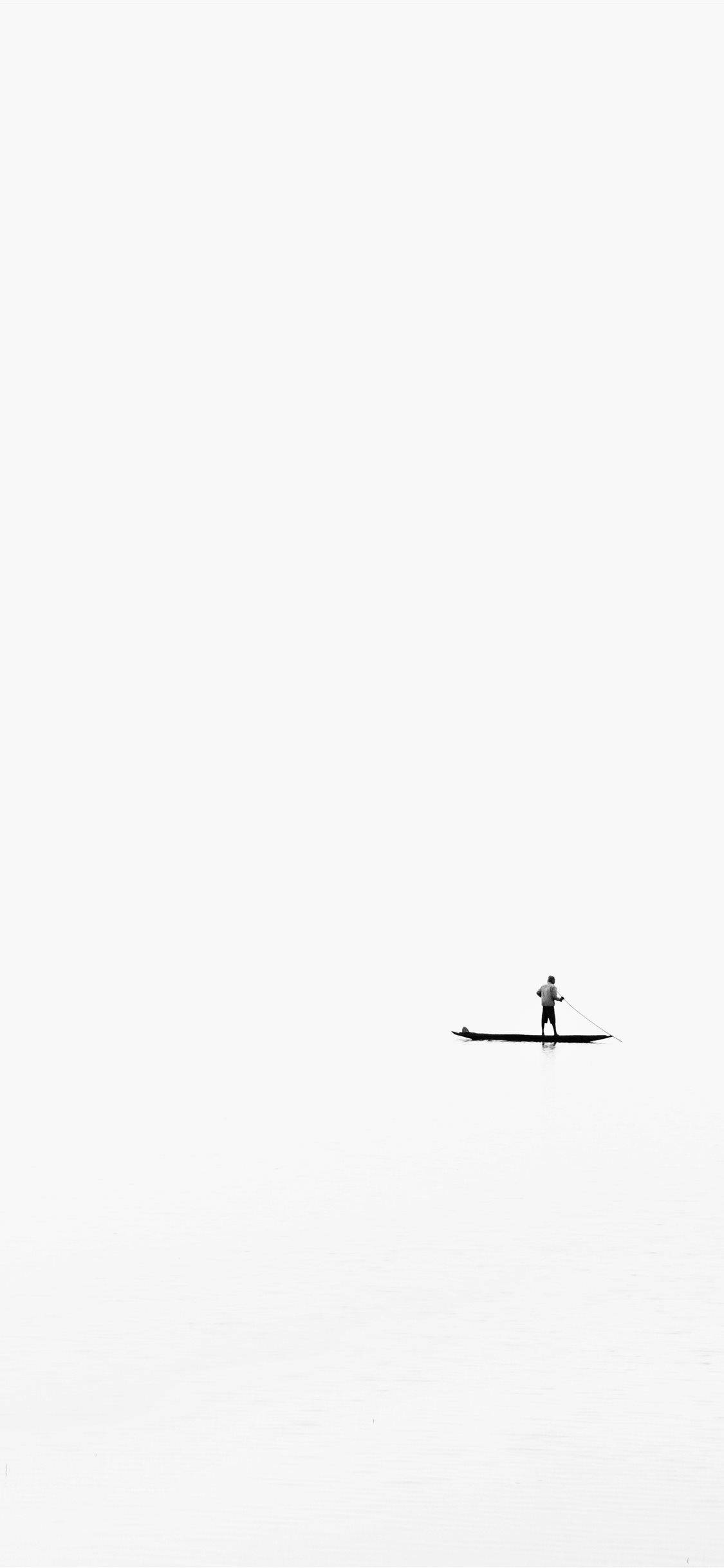 white minimalist standing rowing boat, paddleboarder, misty white expanse, Full HD Phone Wallpaper