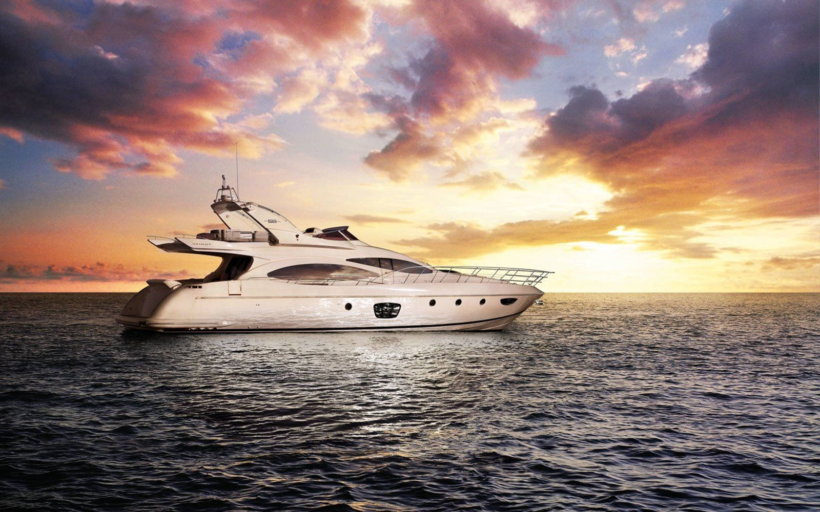 yacht, sunset sky, calm ocean waters, HD Desktop Wallpaper