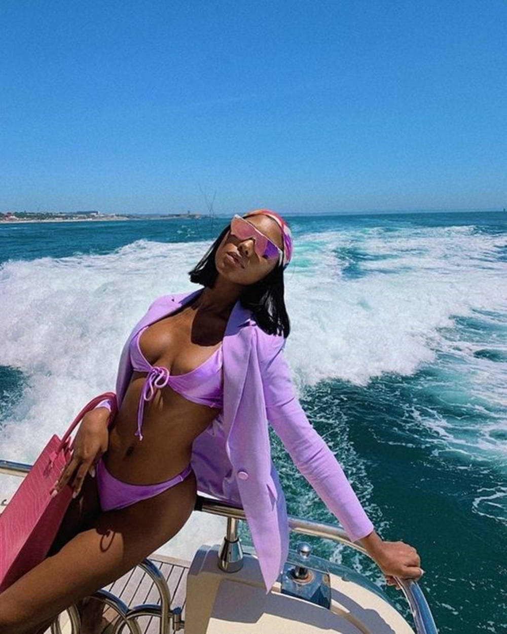purple bikini, matching blazer, speeding yacht, SD Phone Wallpaper