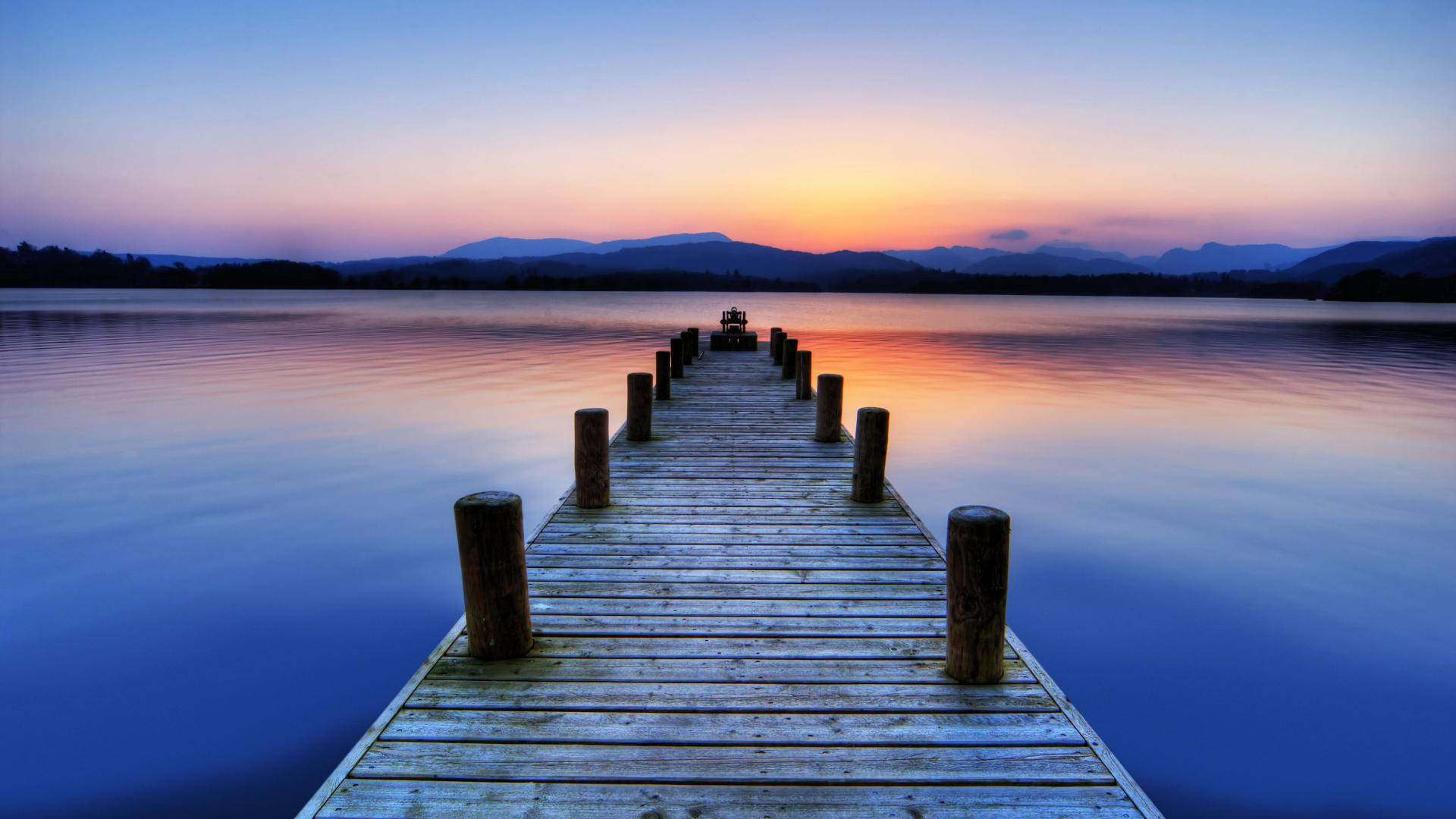 wooden pier, calm lake, sunset, Full HD Desktop Wallpaper