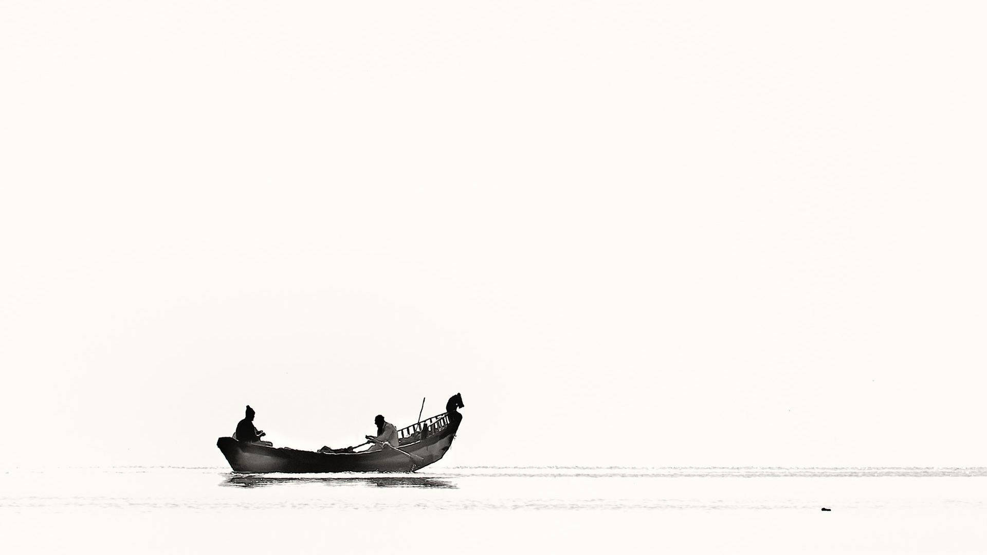white minimalist, silhouetted figures, small boat, Full HD Desktop Wallpaper