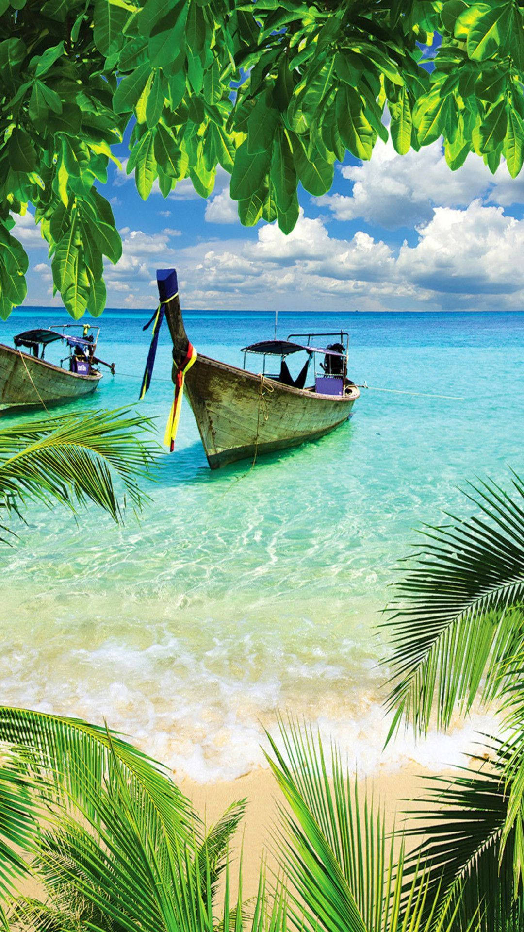 tropical beach, longtail boats, turquoise waters, Full HD Phone Wallpaper