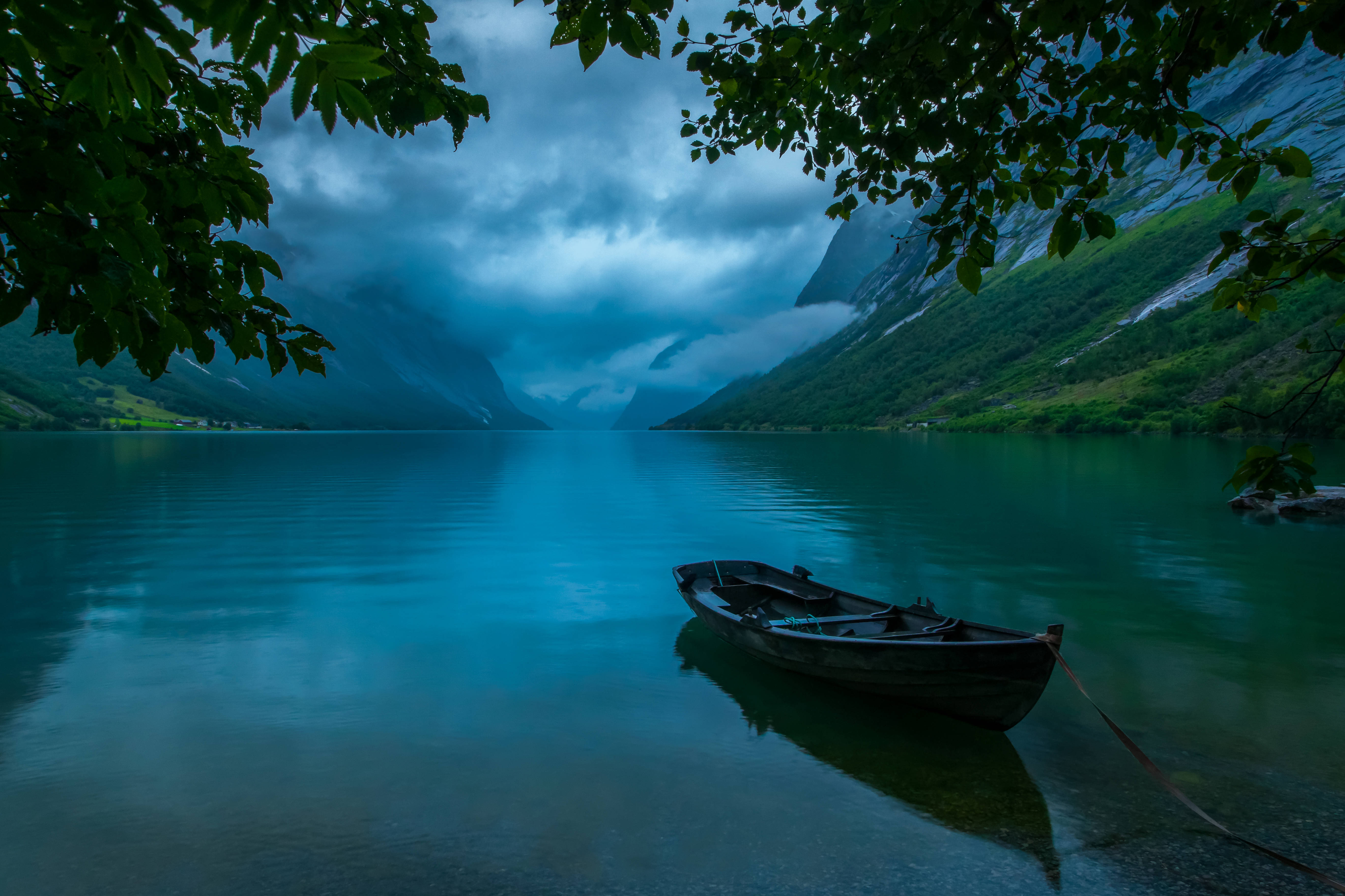 wooden boat, calm turquoise waters, lush green foliage, 5K Desktop Wallpaper