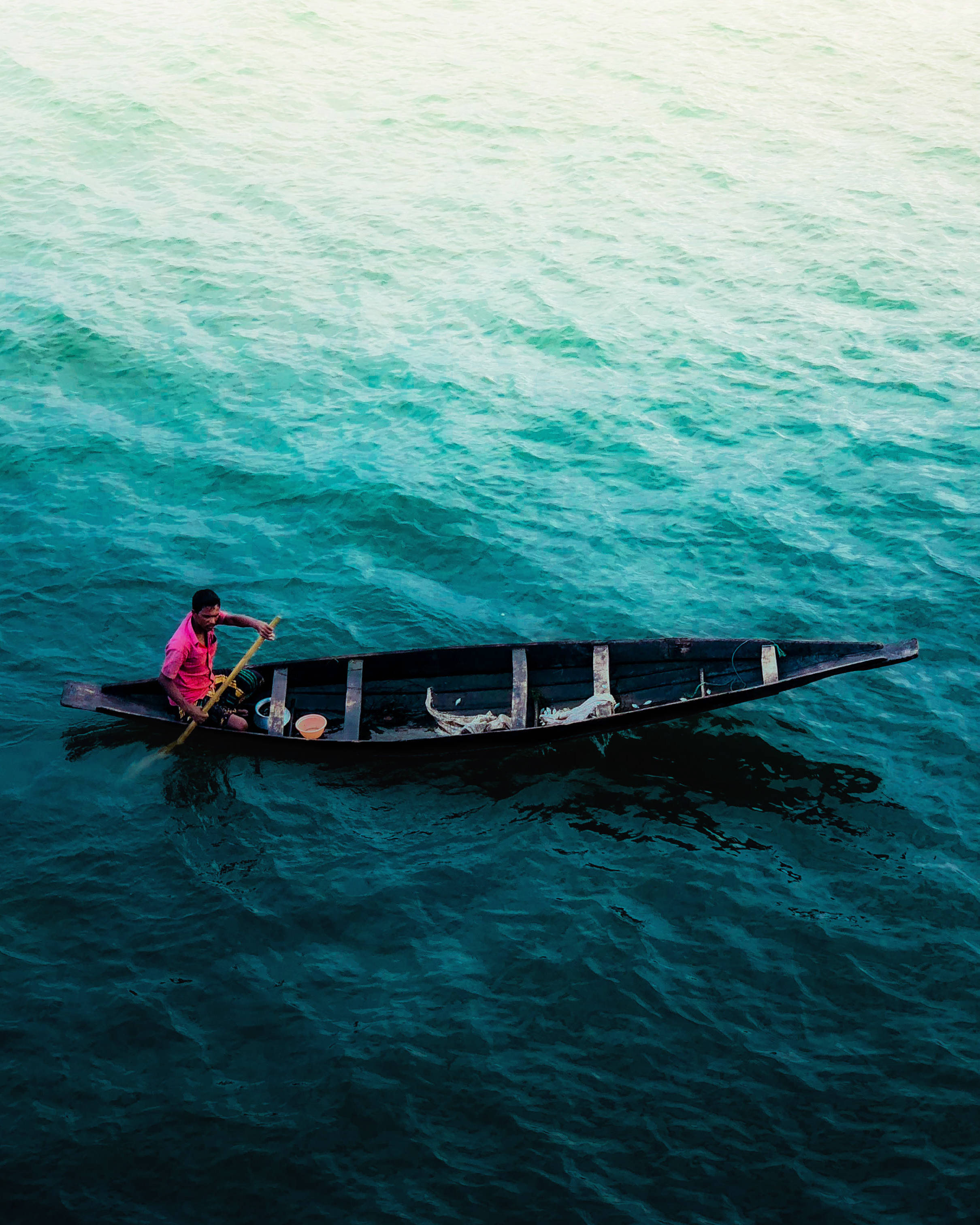 fisherman, pink shirt, small wooden boat, 2K Phone Wallpaper