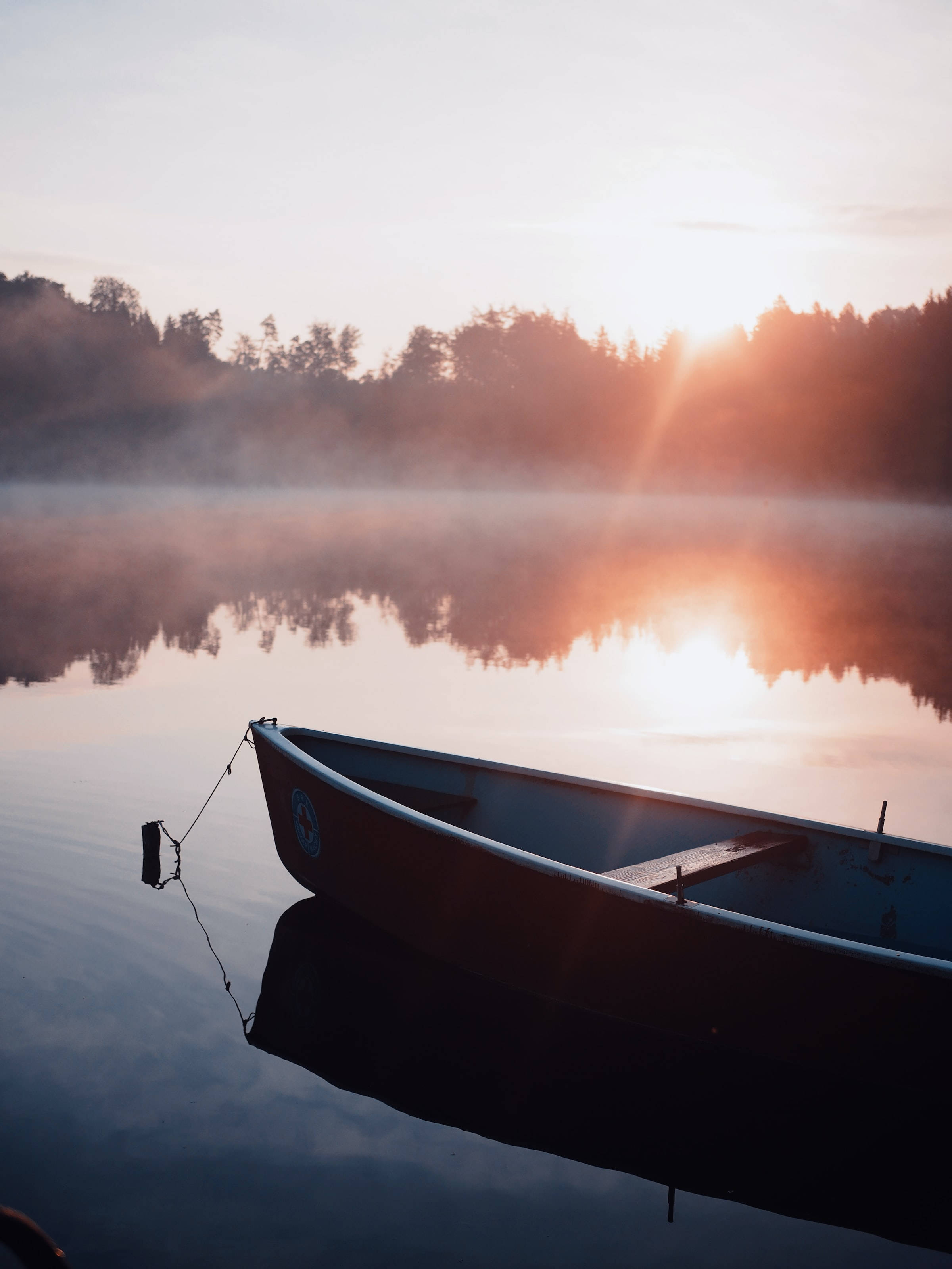 rowboat, misty lake, sunrise, 2K Phone Wallpaper