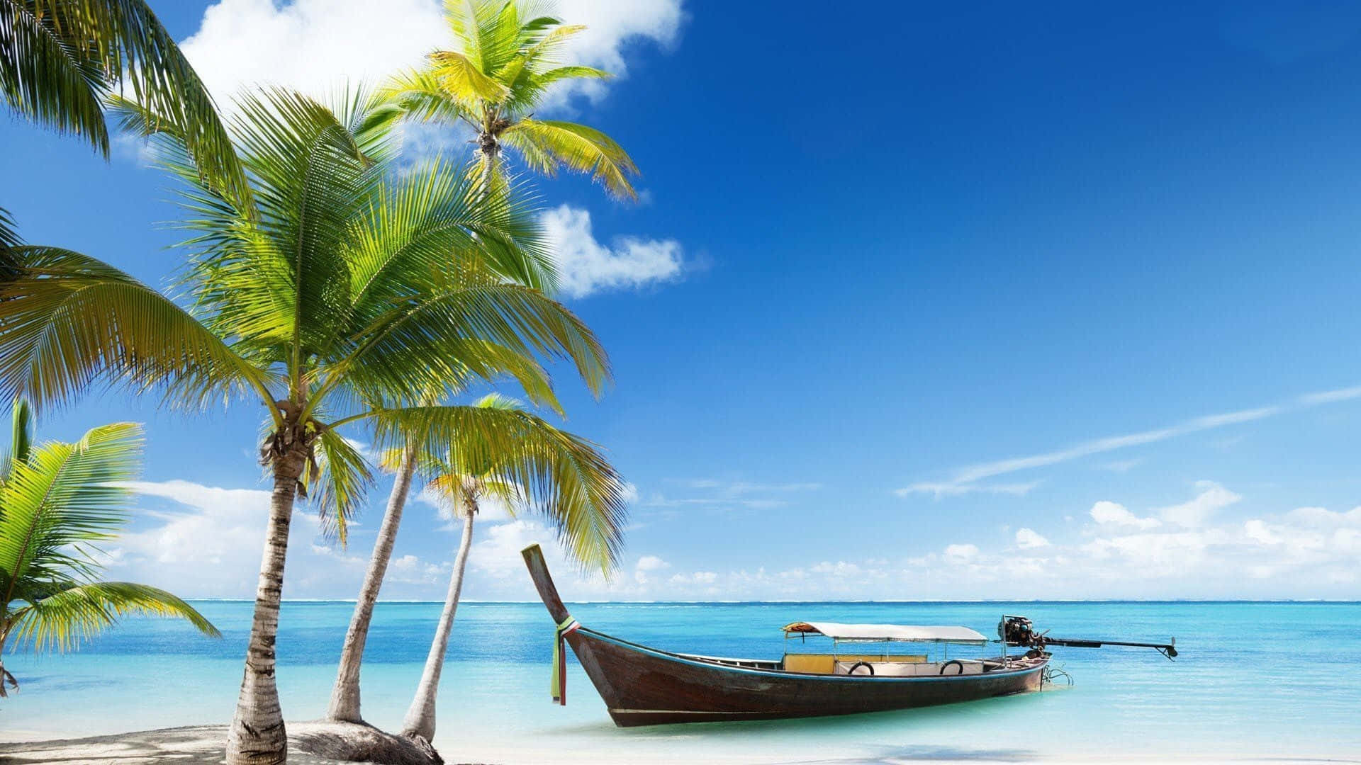 longtail boat, turquoise water, palm trees, Full HD Desktop Wallpaper
