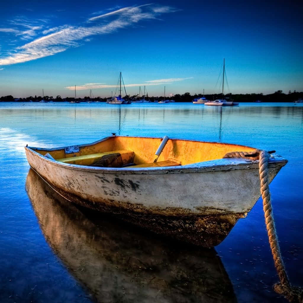 rowboat, yellow and white, calm blue water, SD Desktop Wallpaper