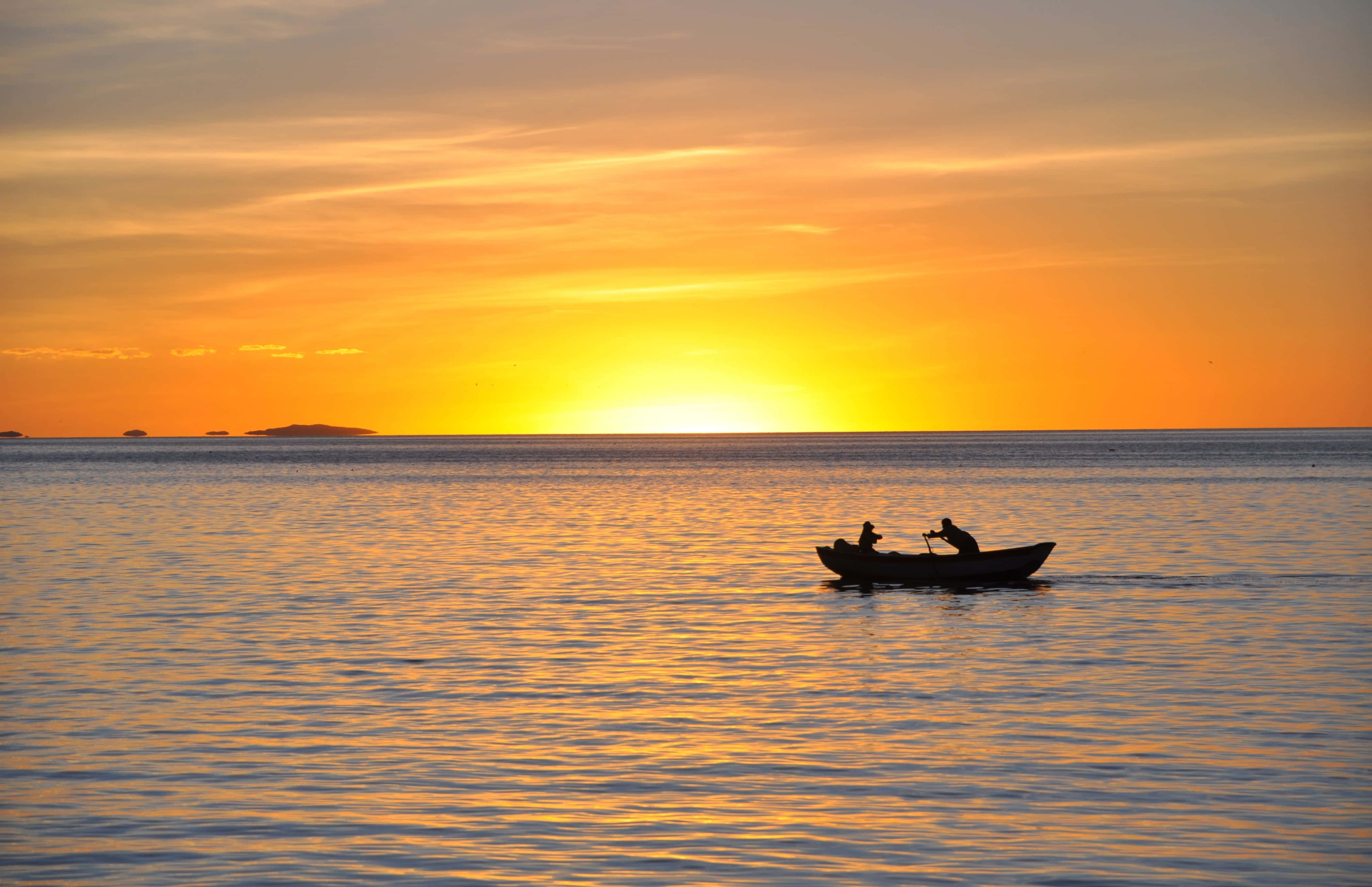 Boating, silhouetted fishermen, small boat, 4K Desktop Wallpaper