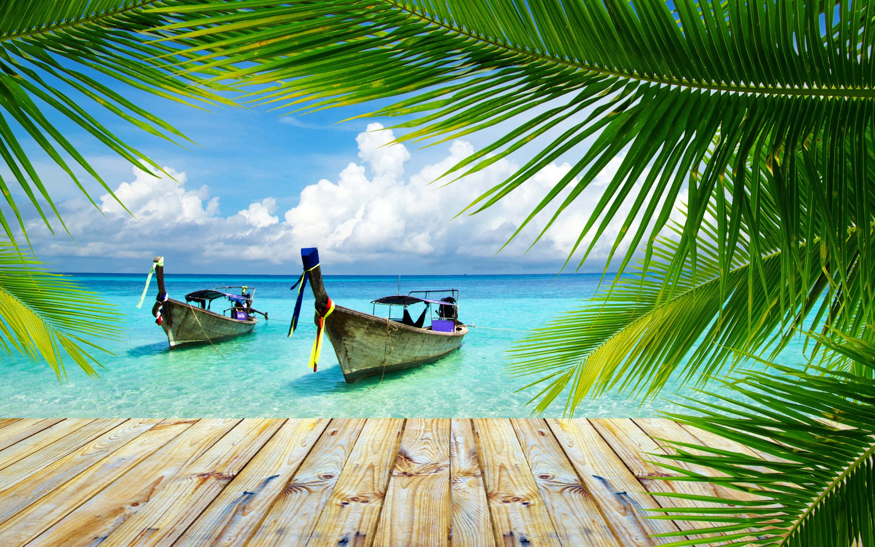 wooden deck, turquoise waters, longtail boats, 2K Desktop Wallpaper