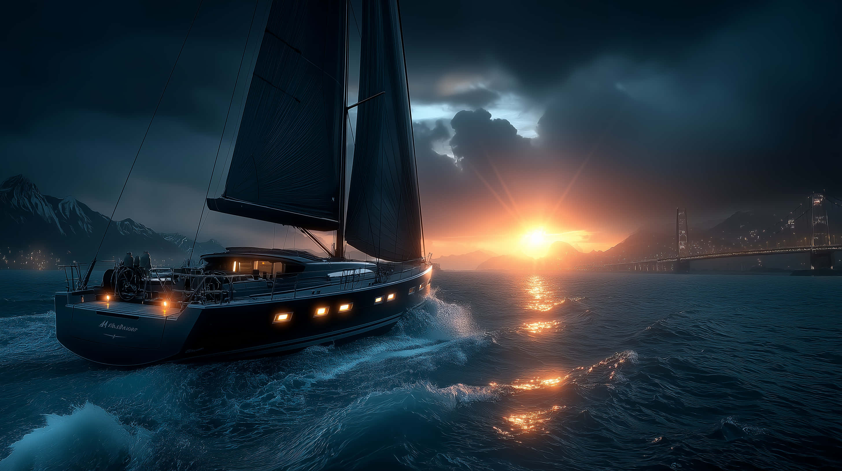 sleek black sailboat, fiery sunset, distant bridge, 2K Desktop Wallpaper