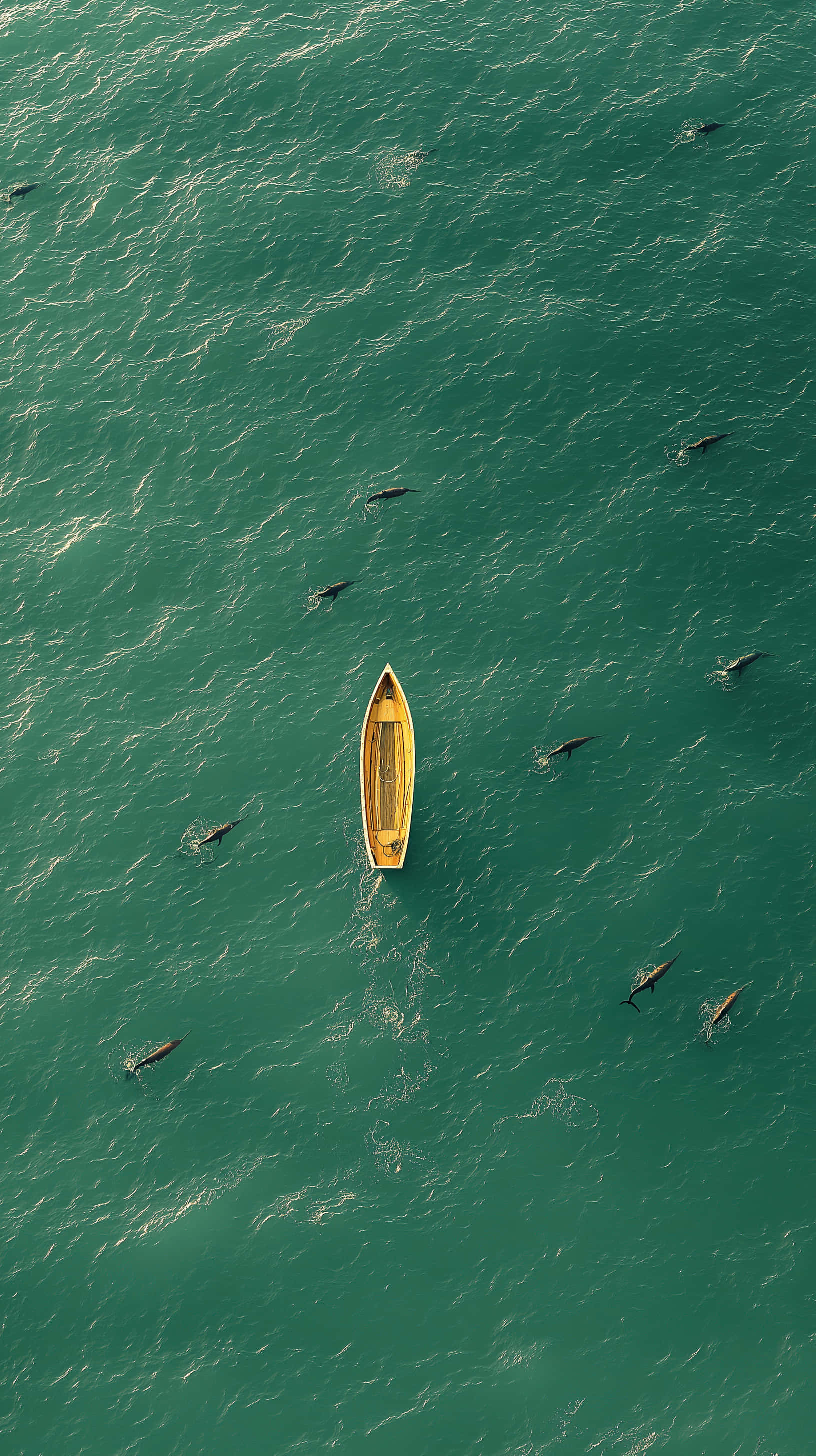 yellow gondola boat, turquoise water, swimming dolphins, 2K Phone Wallpaper