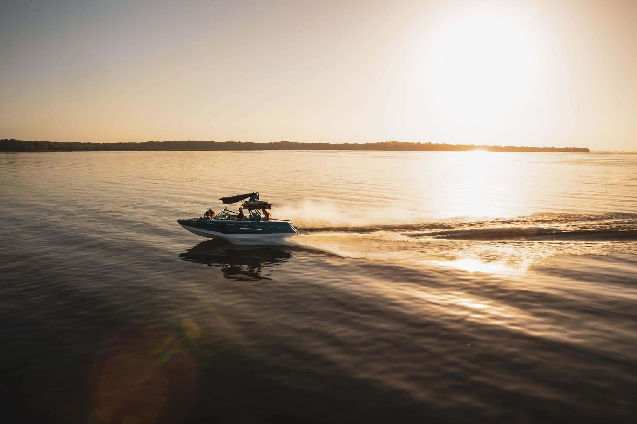speedboat, calm waters, sunset, Full HD Desktop Wallpaper