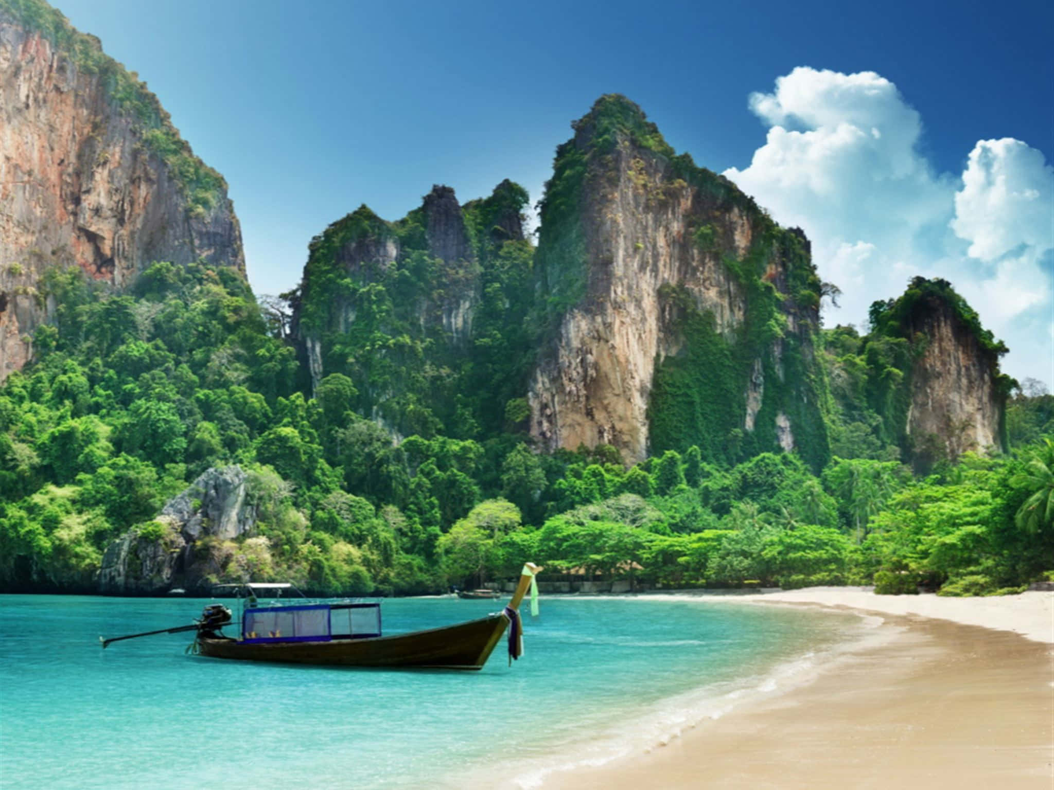 longtail boat, turquoise waters, sandy beach, Full HD Desktop Wallpaper