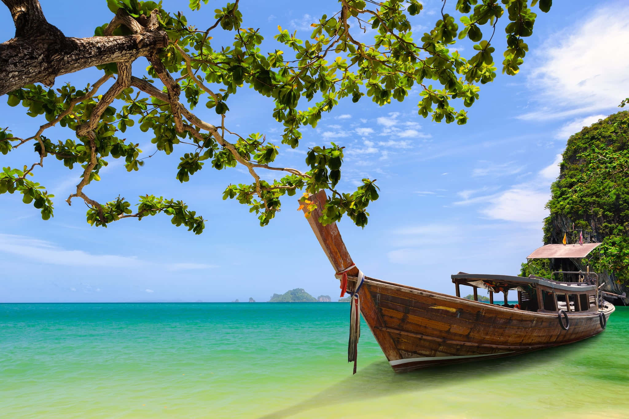 wooden longtail boat, shallow turquoise waters, lush green tree, Full HD Desktop Wallpaper