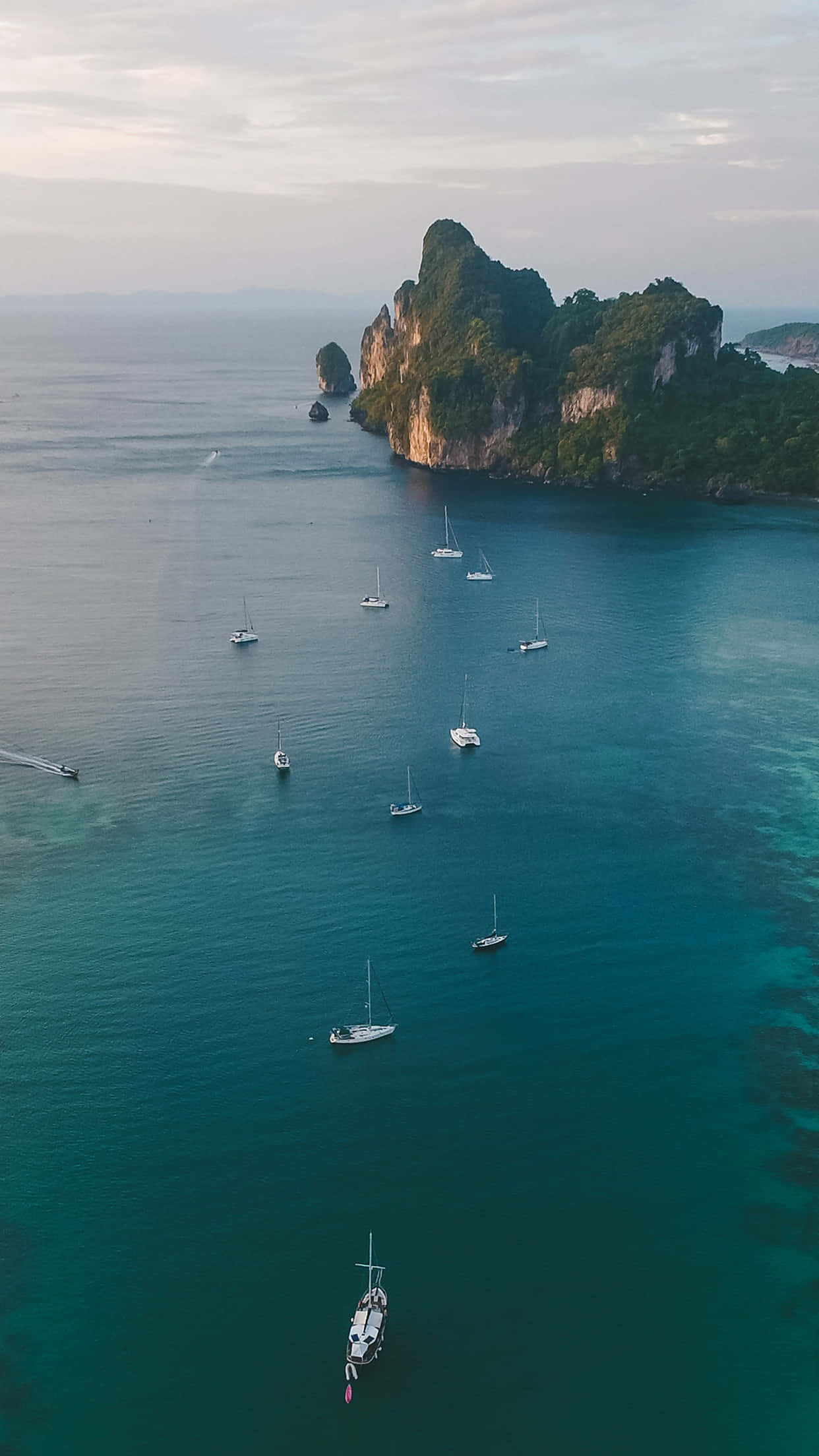 sailboats, turquoise waters, lush green karst island, Full HD Phone Wallpaper