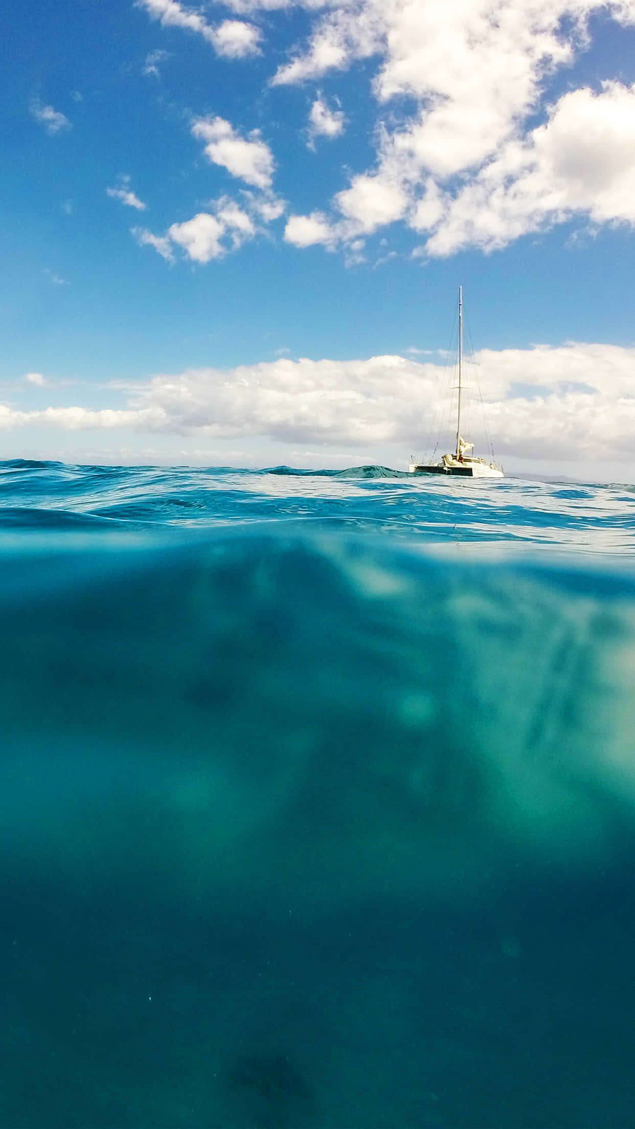 sailboat, turquoise ocean waves, bright blue sky, Full HD Phone Wallpaper