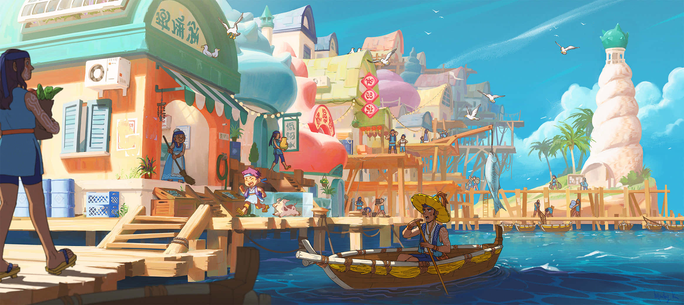 Boating, cartoon-style coastal village, colorful buildings, Full HD Desktop Wallpaper