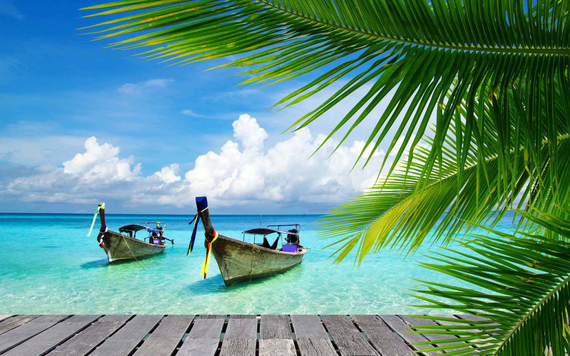 Sailing Adventures at Sunset, wooden longtail boats, crystal clear turquoise water, Full HD Desktop Wallpaper