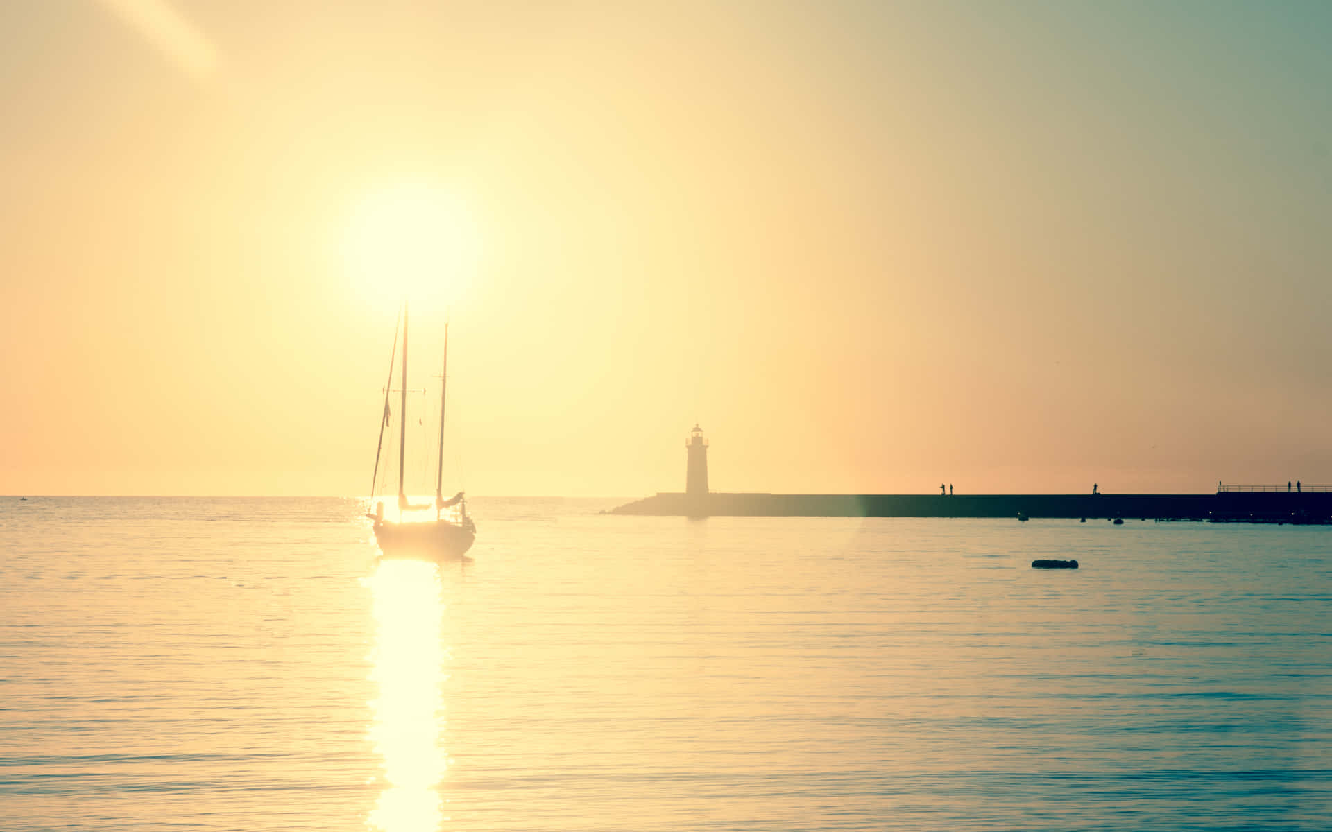 sailboat, calm waters, golden sunrise, Full HD Desktop Wallpaper