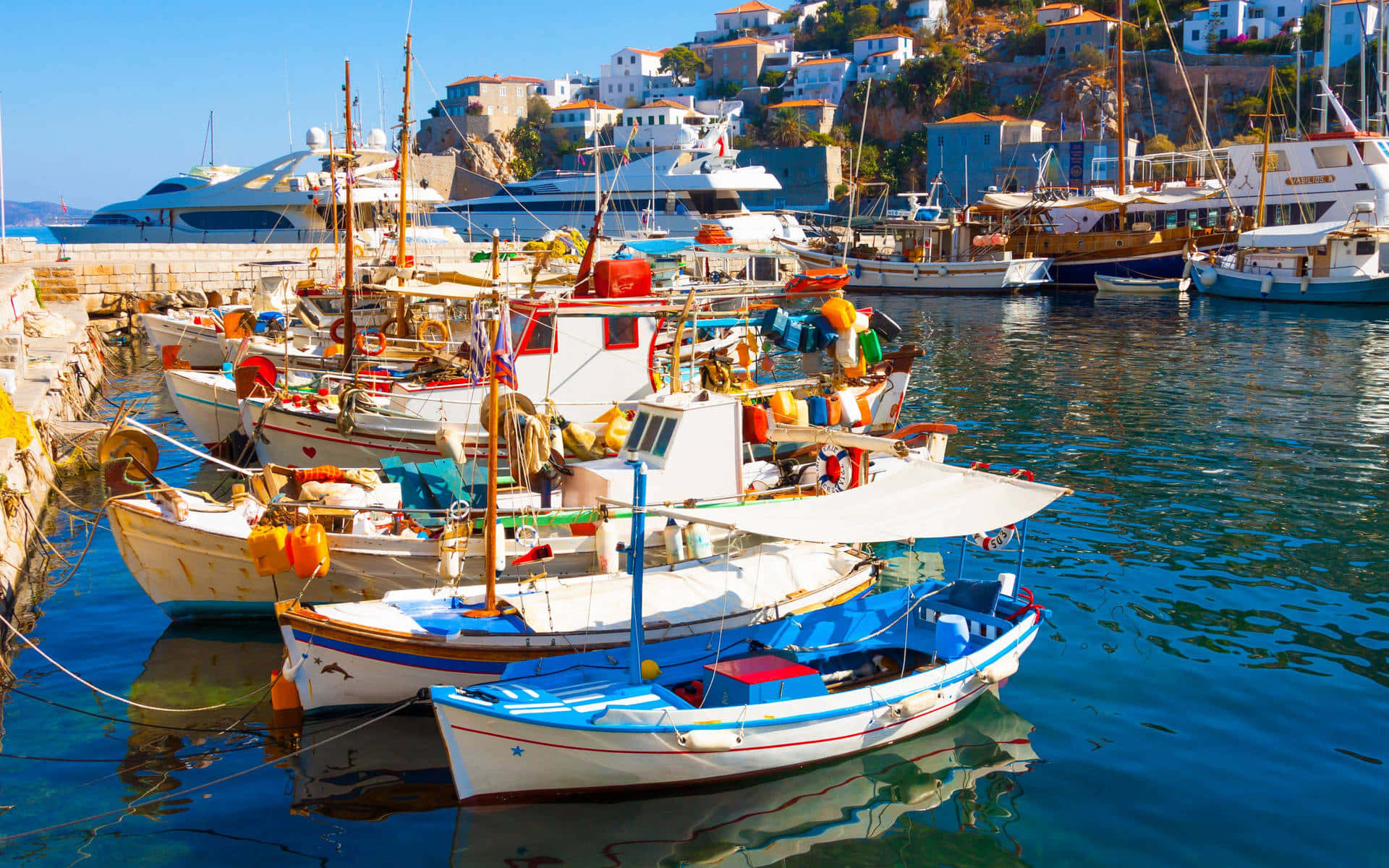 Sailing Into the Serene Blue, colorful fishing boats, sunlit harbor, Full HD Desktop Wallpaper