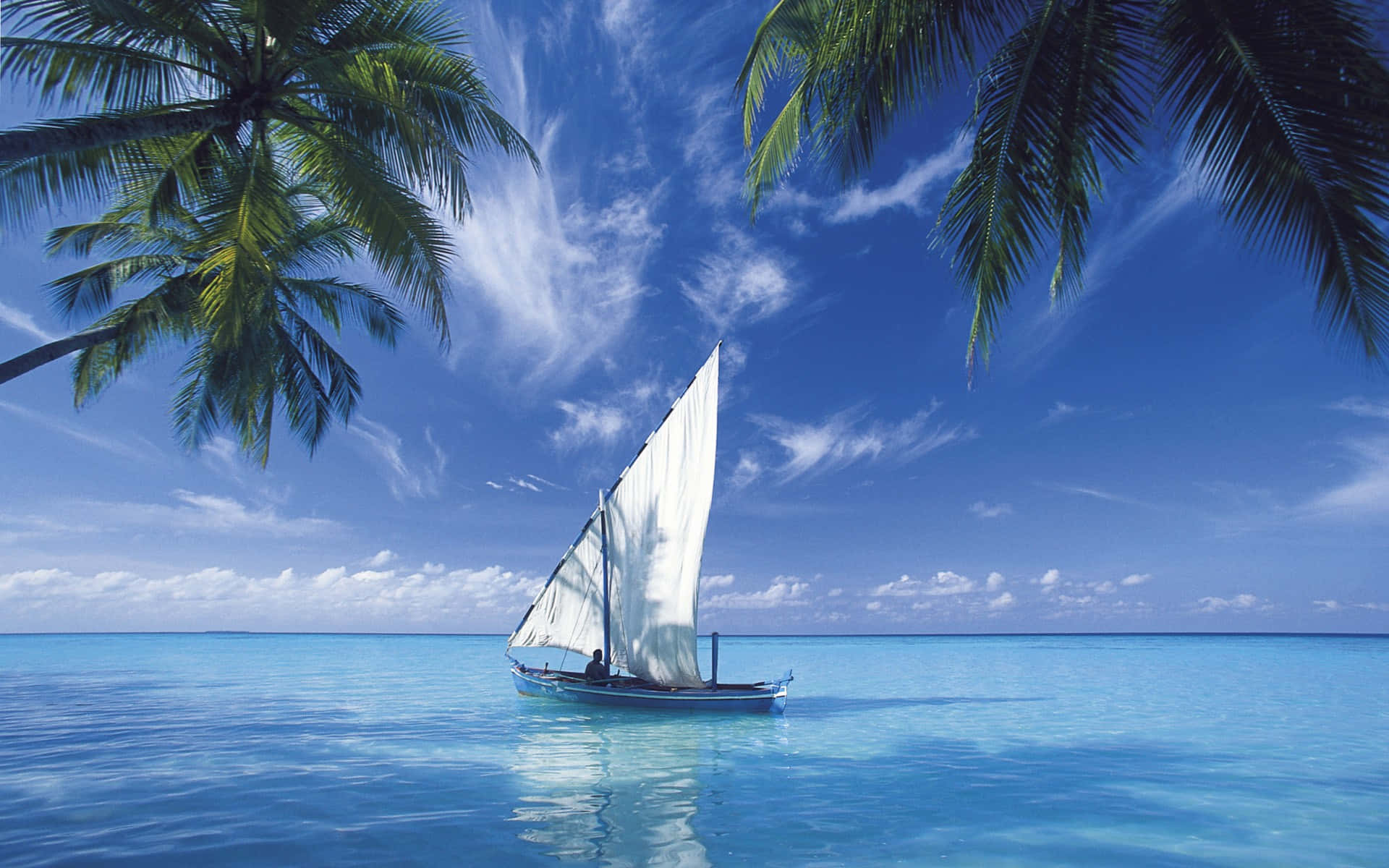 white sailboat, turquoise waters, vibrant blue sky, Full HD Desktop Wallpaper