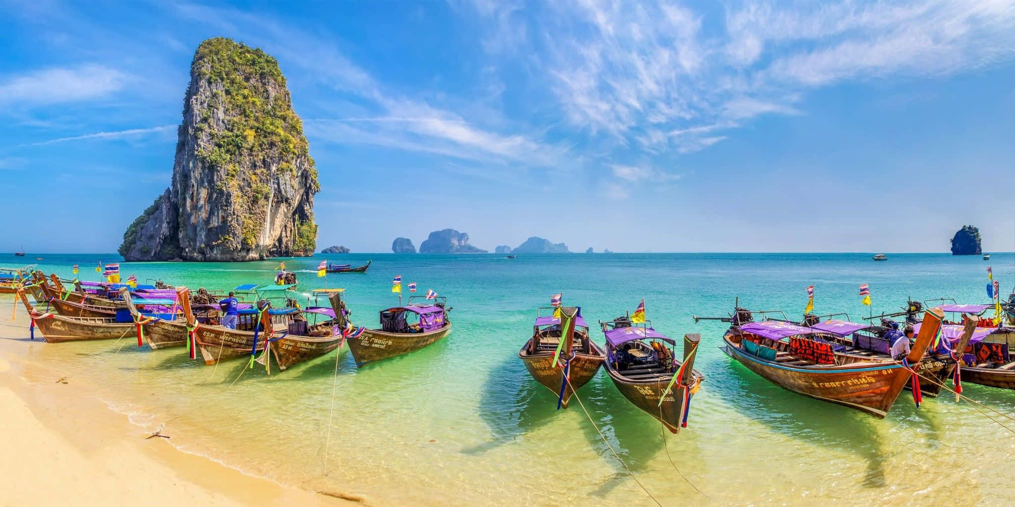 longtail boats, golden beach, turquoise waters, Full HD Desktop Wallpaper