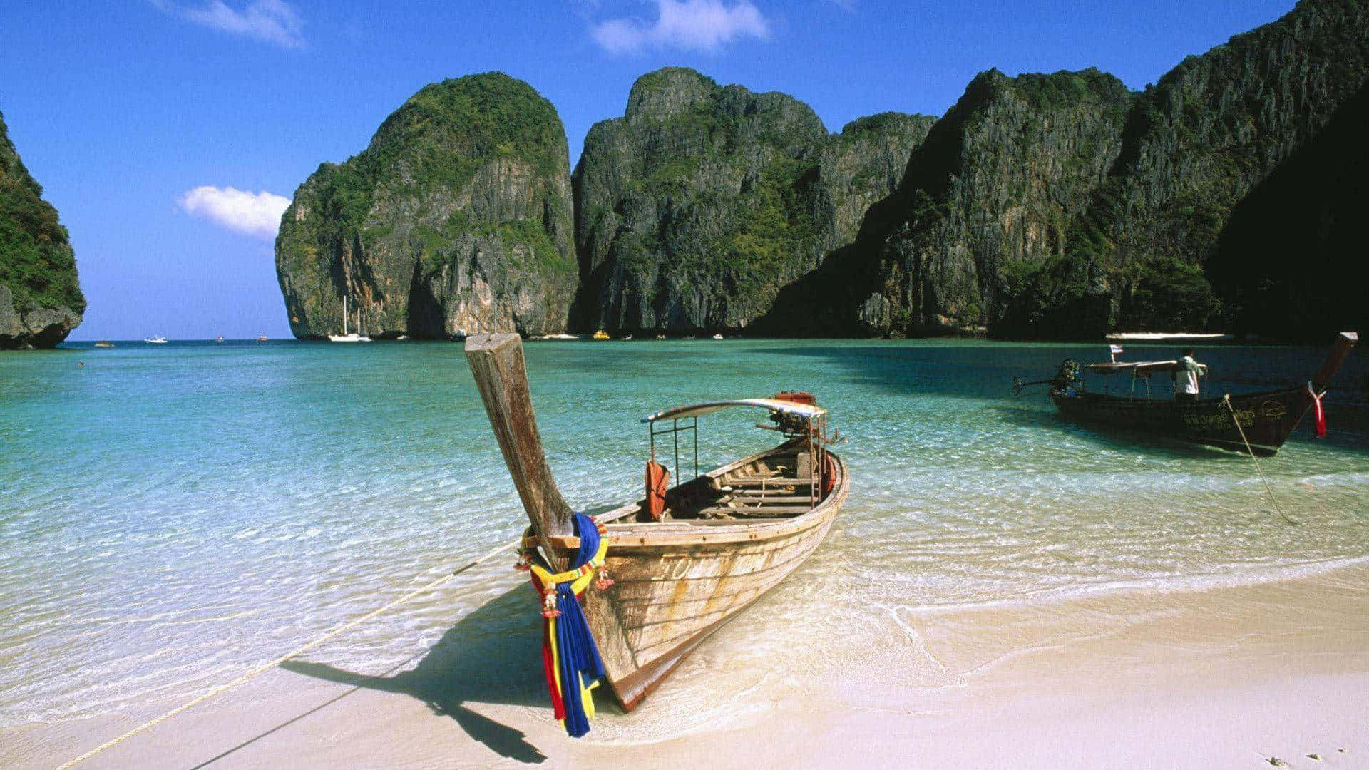 longtail boat, white sand beach, turquoise water, Full HD Desktop Wallpaper