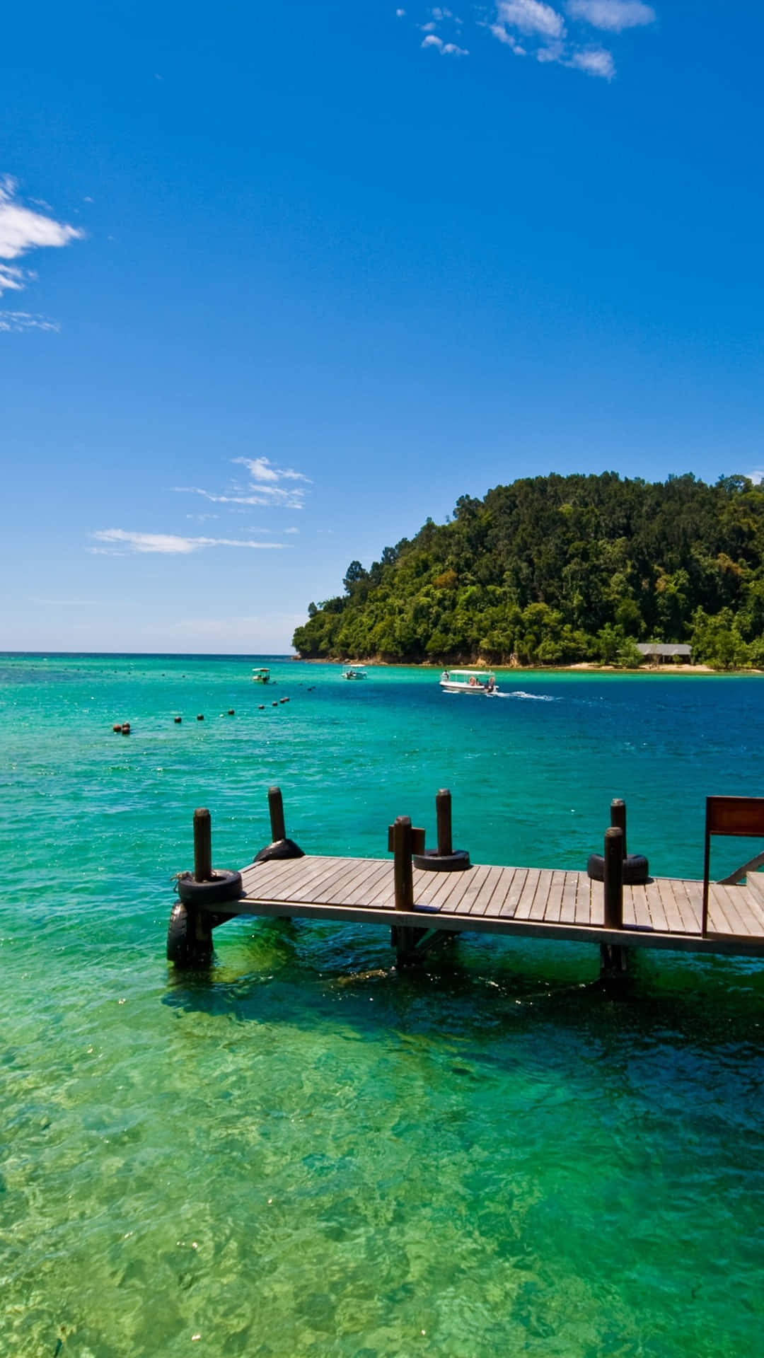 wooden pier, crystal clear turquoise water, bright blue sky, Full HD Phone Wallpaper