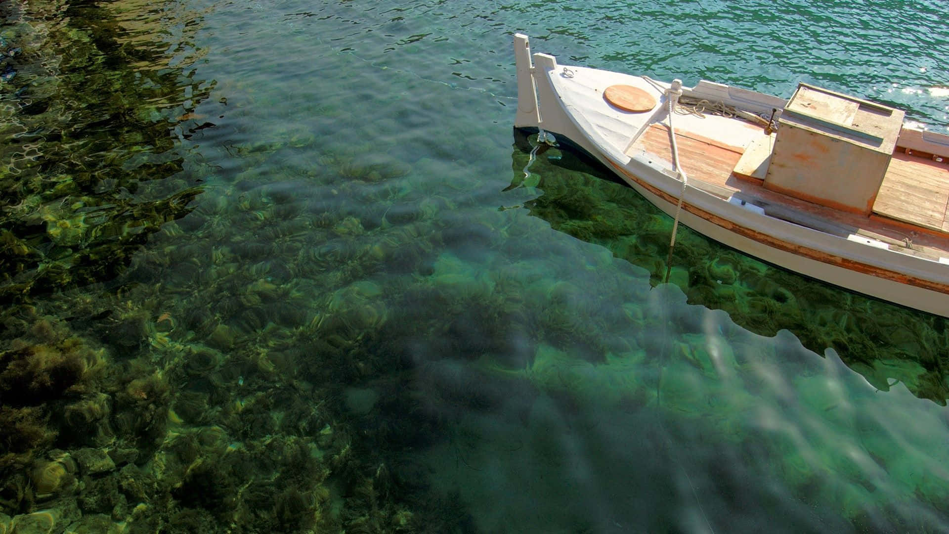 white wooden boat, crystal clear turquoise water, vibrant green underwater rocks, Full HD Desktop Wallpaper