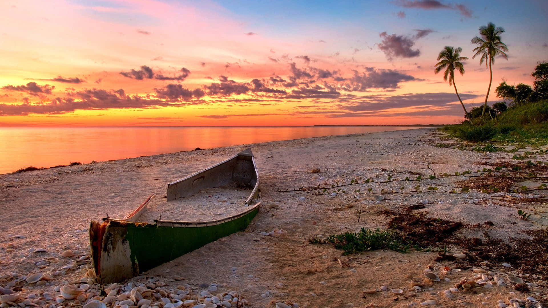 Sunset, Boating, Green boat, Full HD Desktop Wallpaper