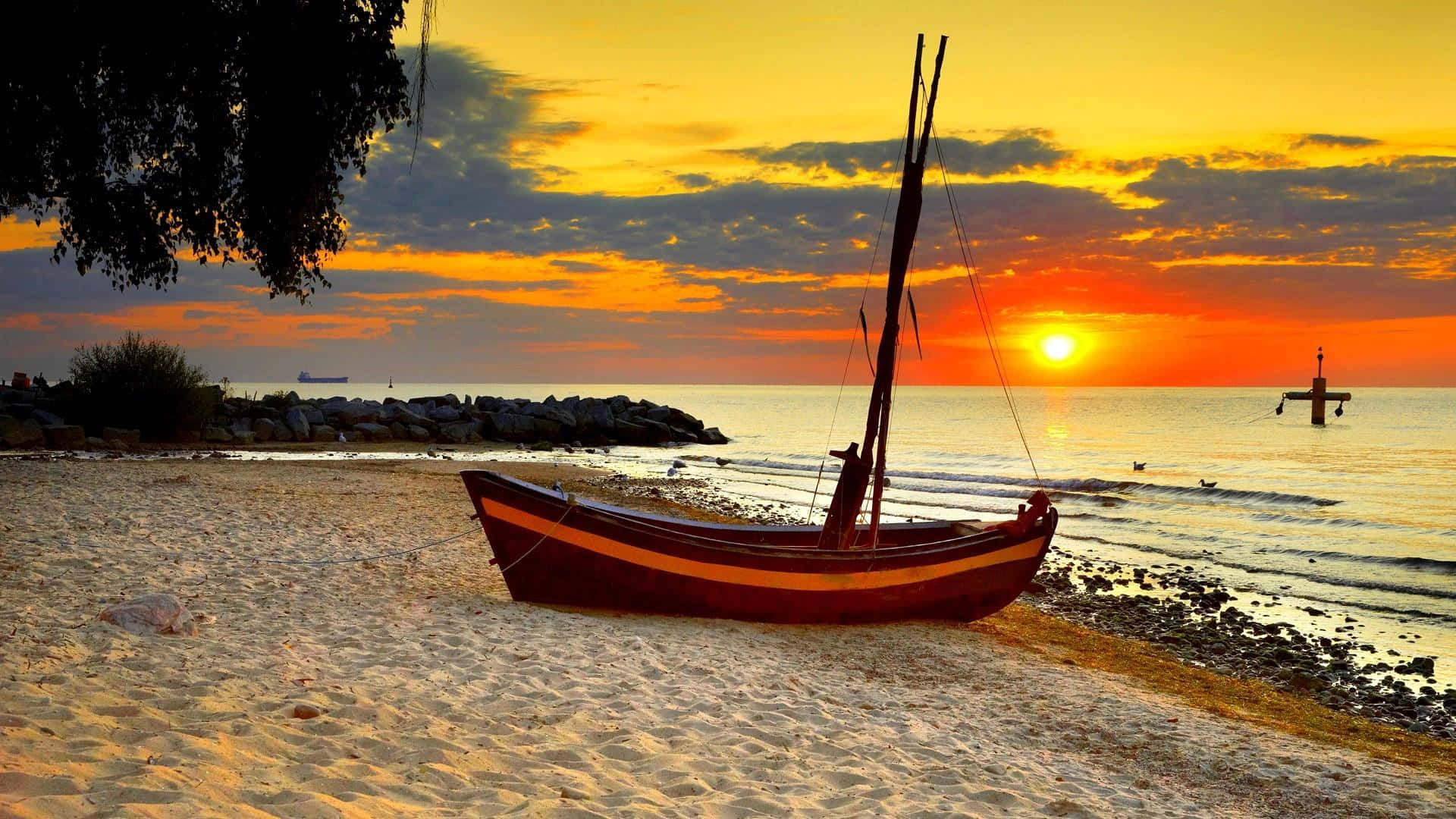 wooden sailboat, sandy beach, sunset, Full HD Desktop Wallpaper