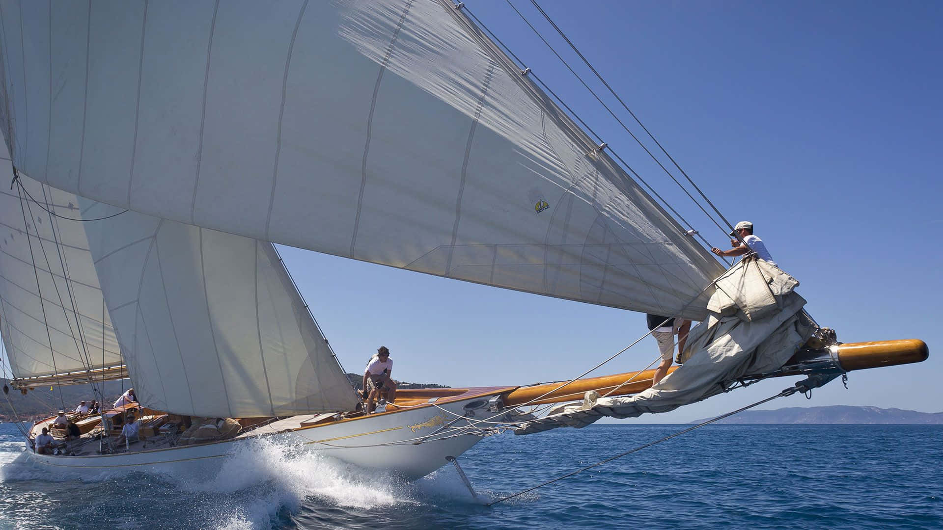 classic wooden boat, white sails, deep blue water, Full HD Desktop Wallpaper