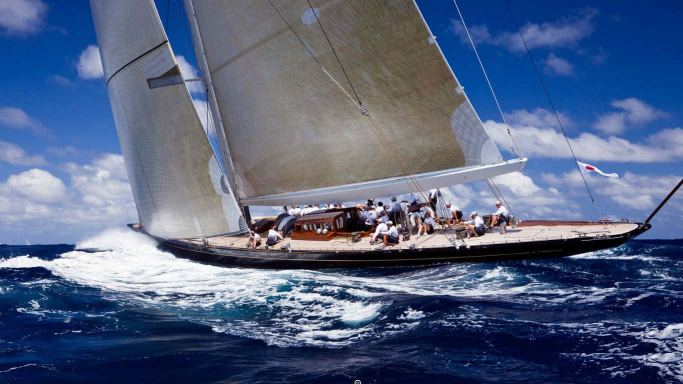 classic wooden boat, white sails, deep blue ocean waves, HD Desktop Wallpaper