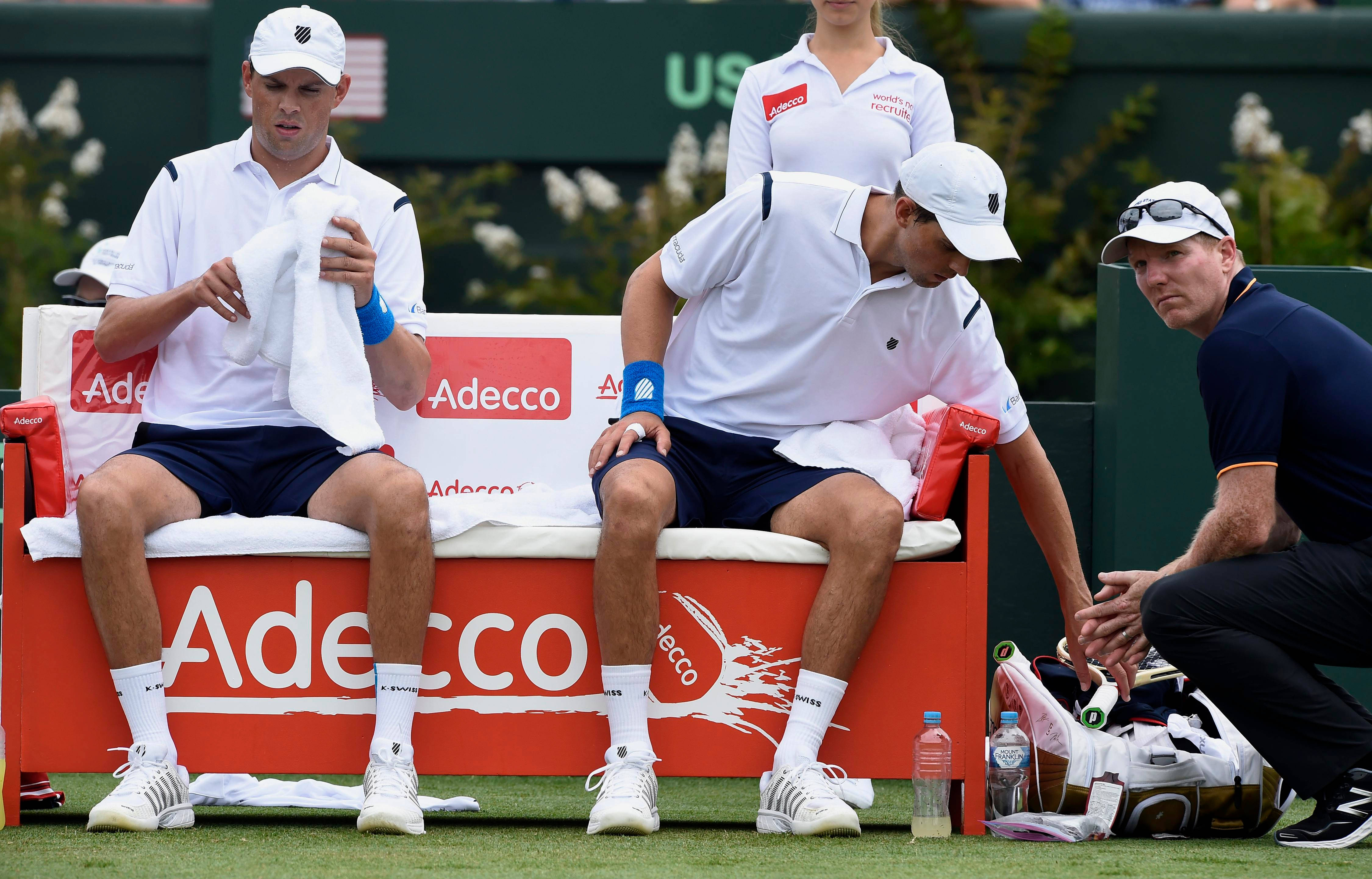 Bob Bryan, white uniforms, red Adecco bench, 4K Desktop Wallpaper