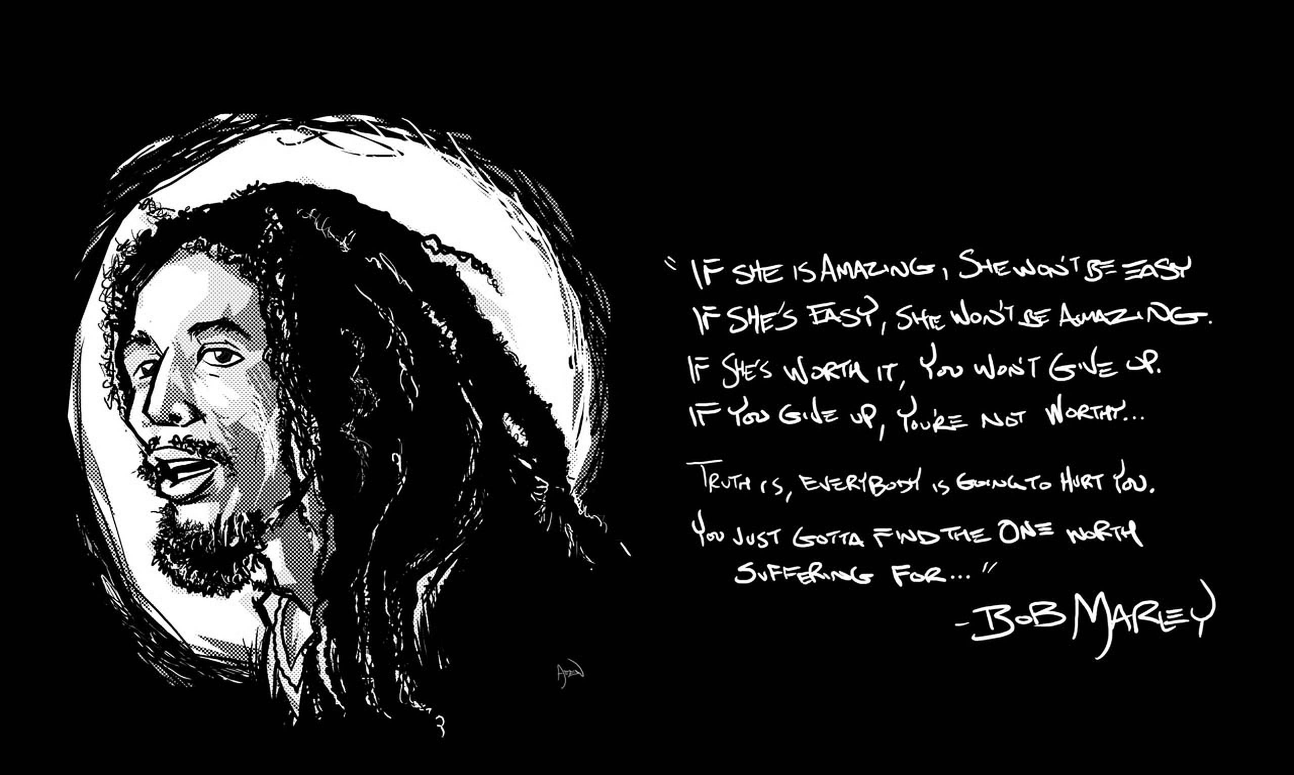 Bob Marley, black and white illustration, quote about love and worthiness, 2K Desktop Wallpaper