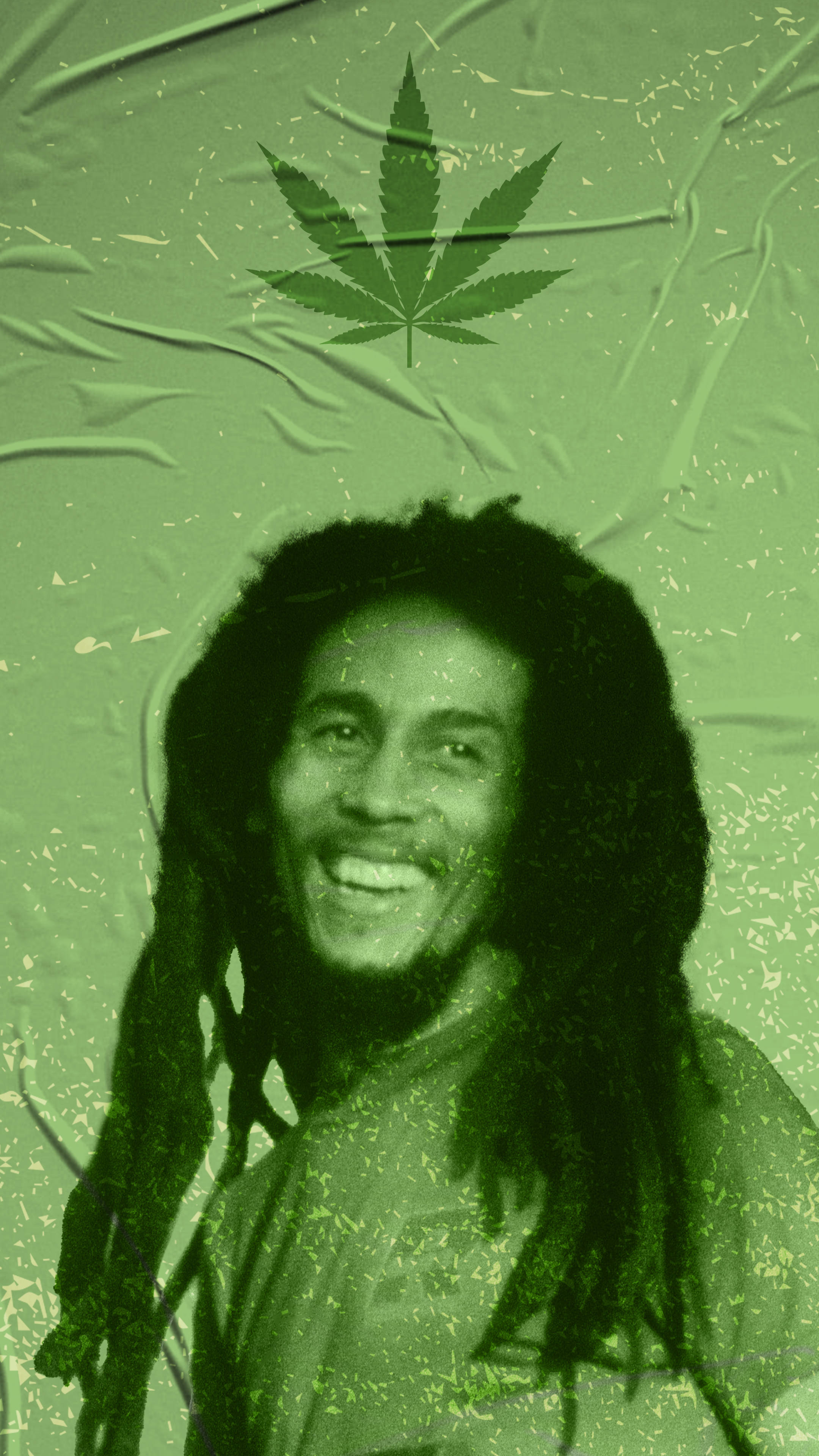 Bob Marley, cannabis leaf, textured green background, 4K Phone Wallpaper