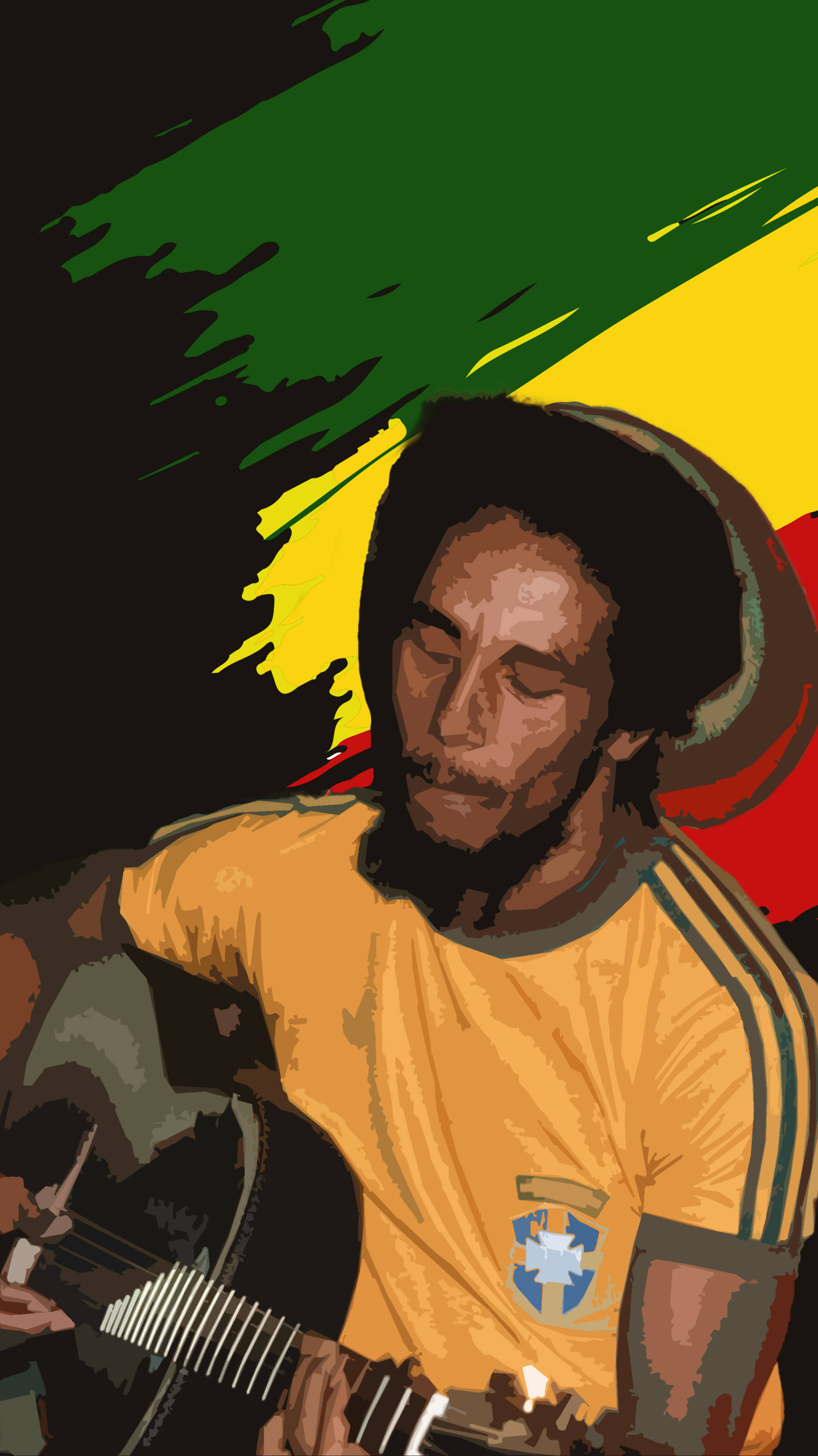 Bob Marley, guitar, vibrant green yellow and red background, 4K Phone Wallpaper