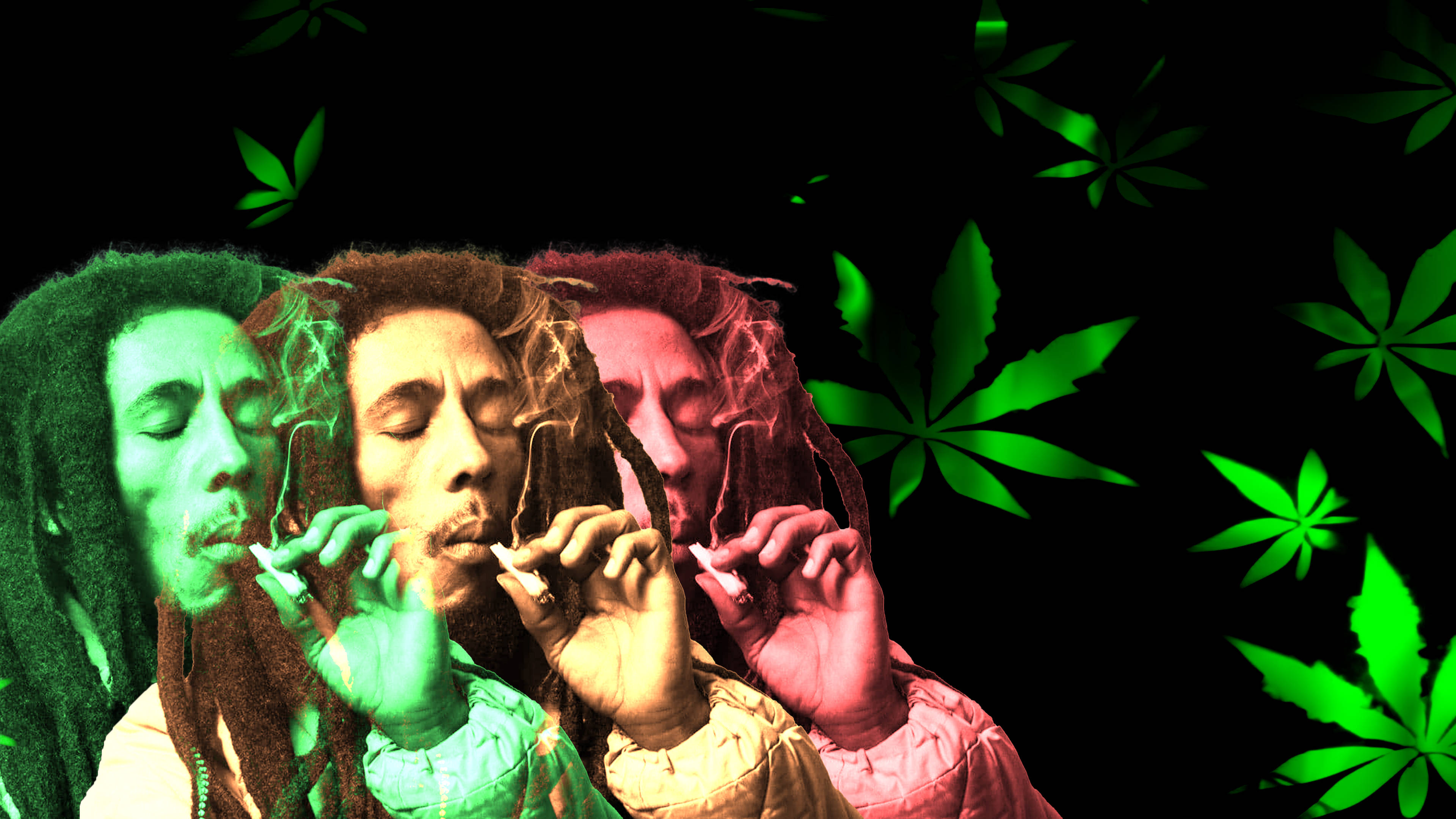 Bob Marley, cannabis leaves, green red and yellow tones, 4K Desktop Wallpaper