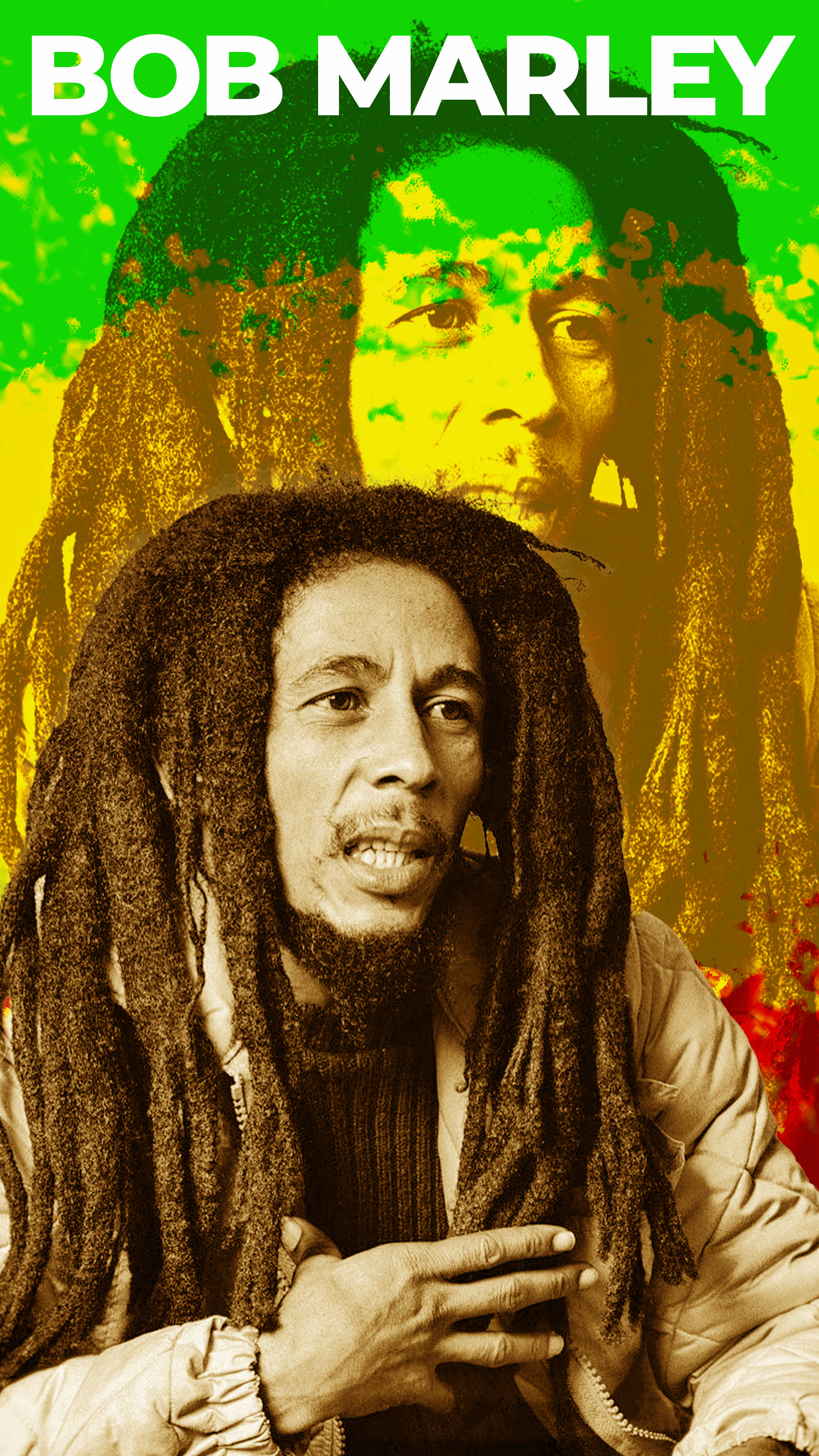 Bob Marley, bold white text, vibrant green yellow gradient background, 4K Phone Wallpaper