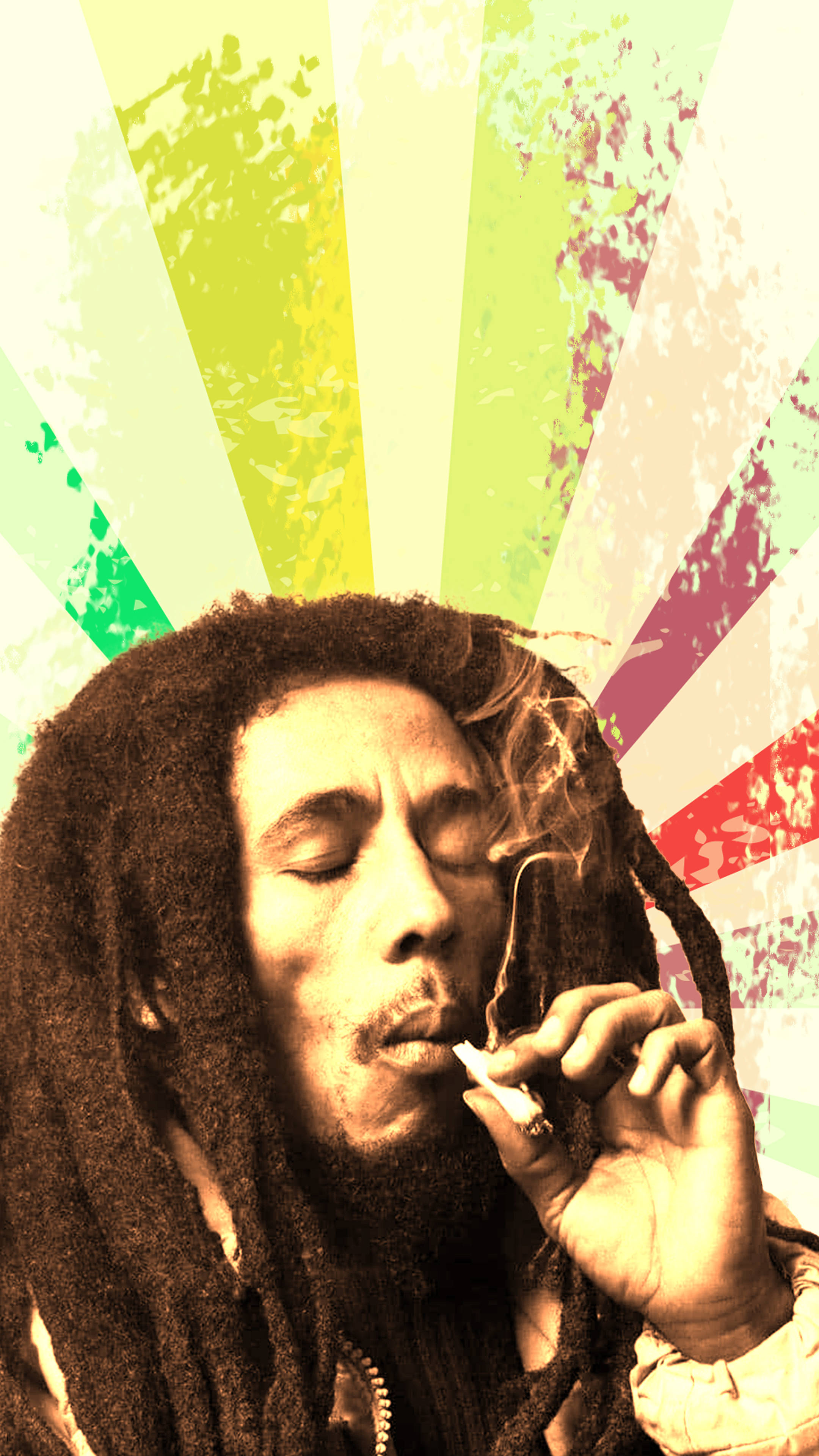 Bob Marley, smoking a joint, vibrant sunburst background, 4K Phone Wallpaper