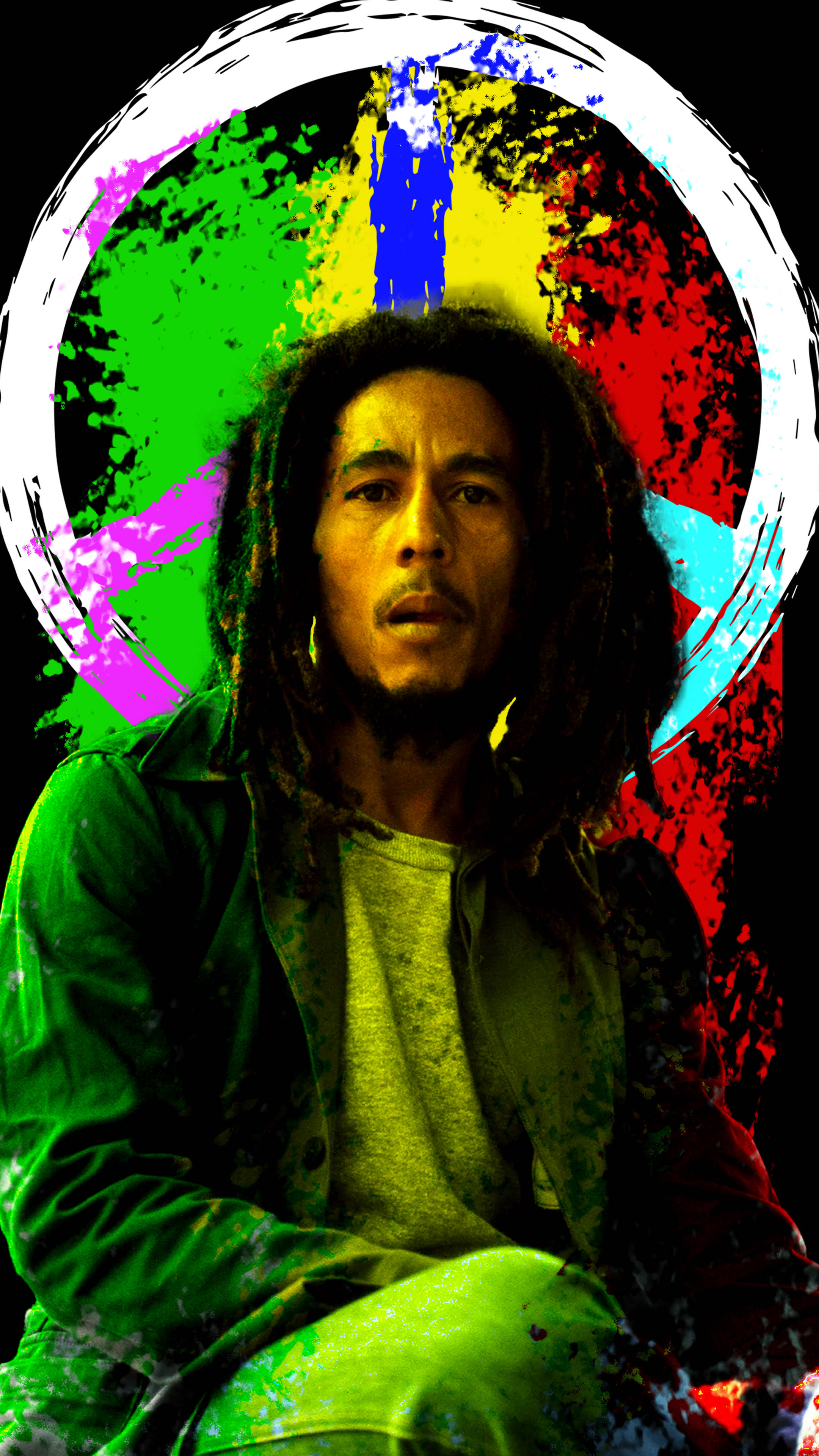 Bob Marley, peace sign, rainbow colors, 4K Phone Wallpaper